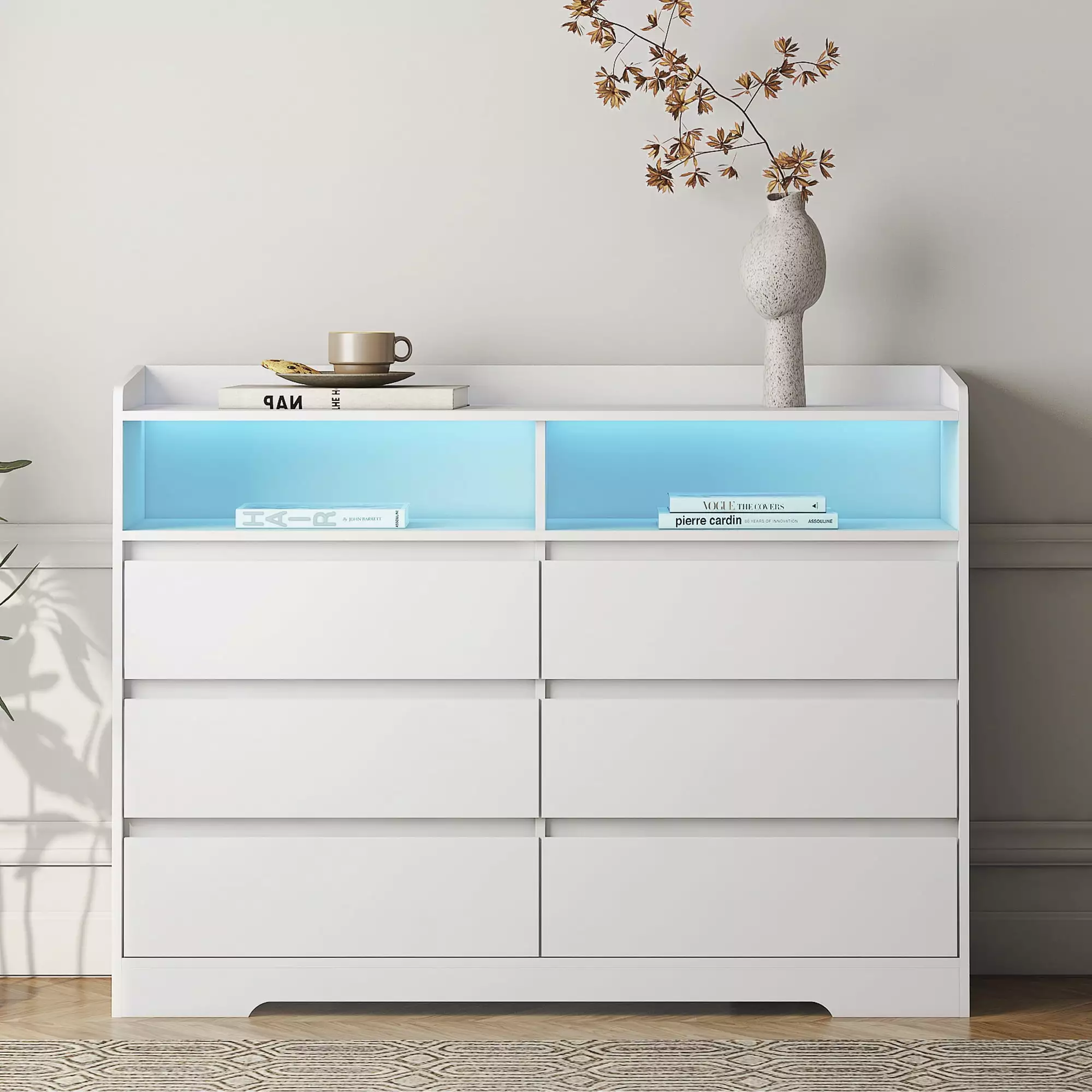 HSUNNS White 6 Drawer Dresser Modern Storage Cabinet LED Lights Bedroom Living Room