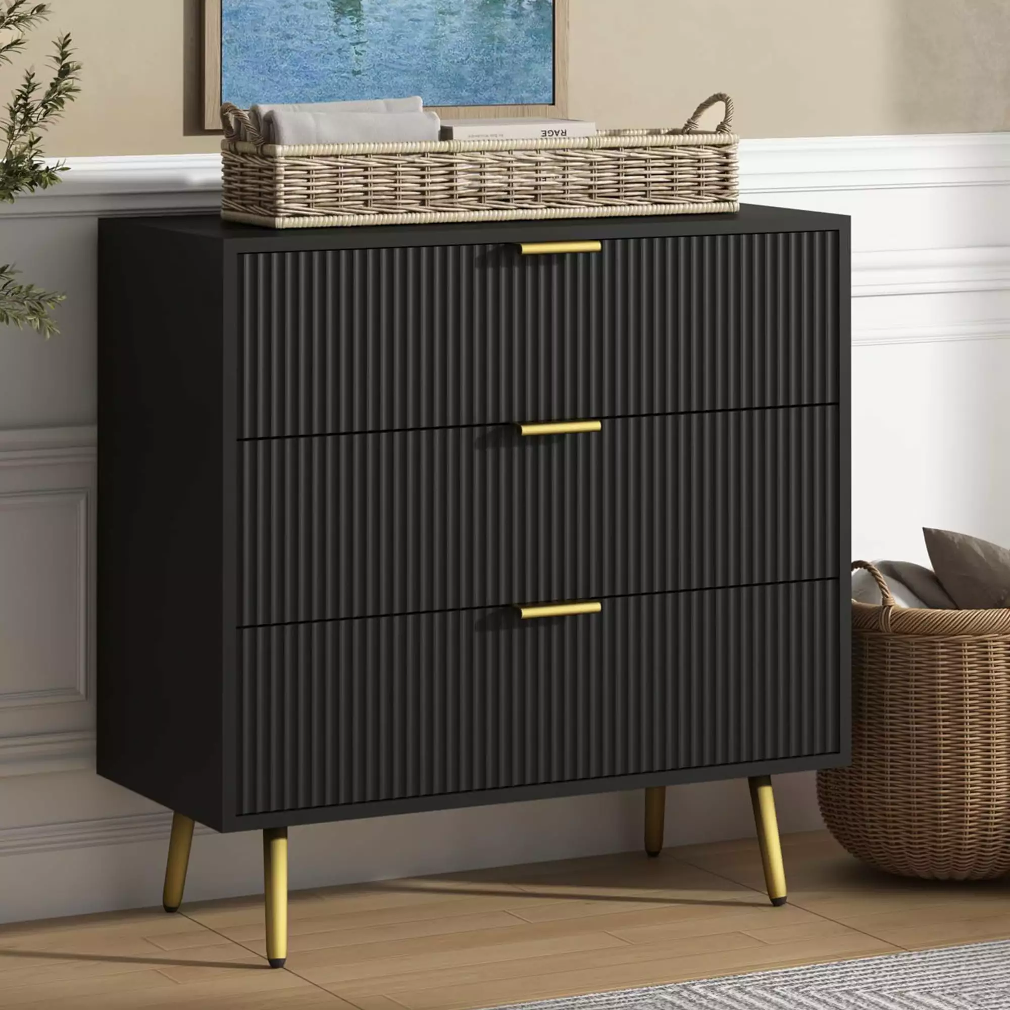 Modern 3 Drawer Fluted Dresser - Wood Storage Dresser Bedroom and Living Room IQCNGVX