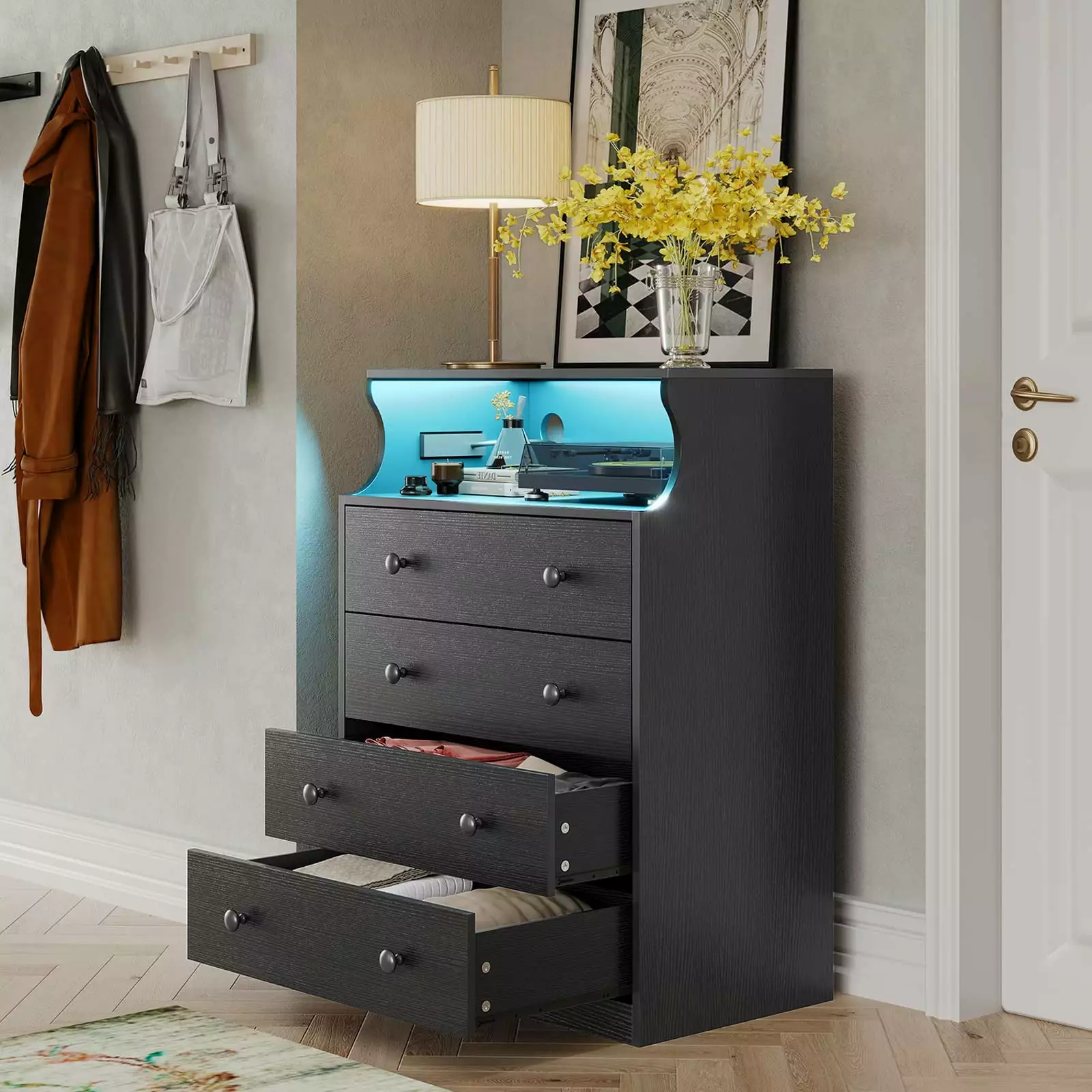 4-Drawer Dresser LED Lights and Charging Station Black Storage Cabinet Bedroom Kicode