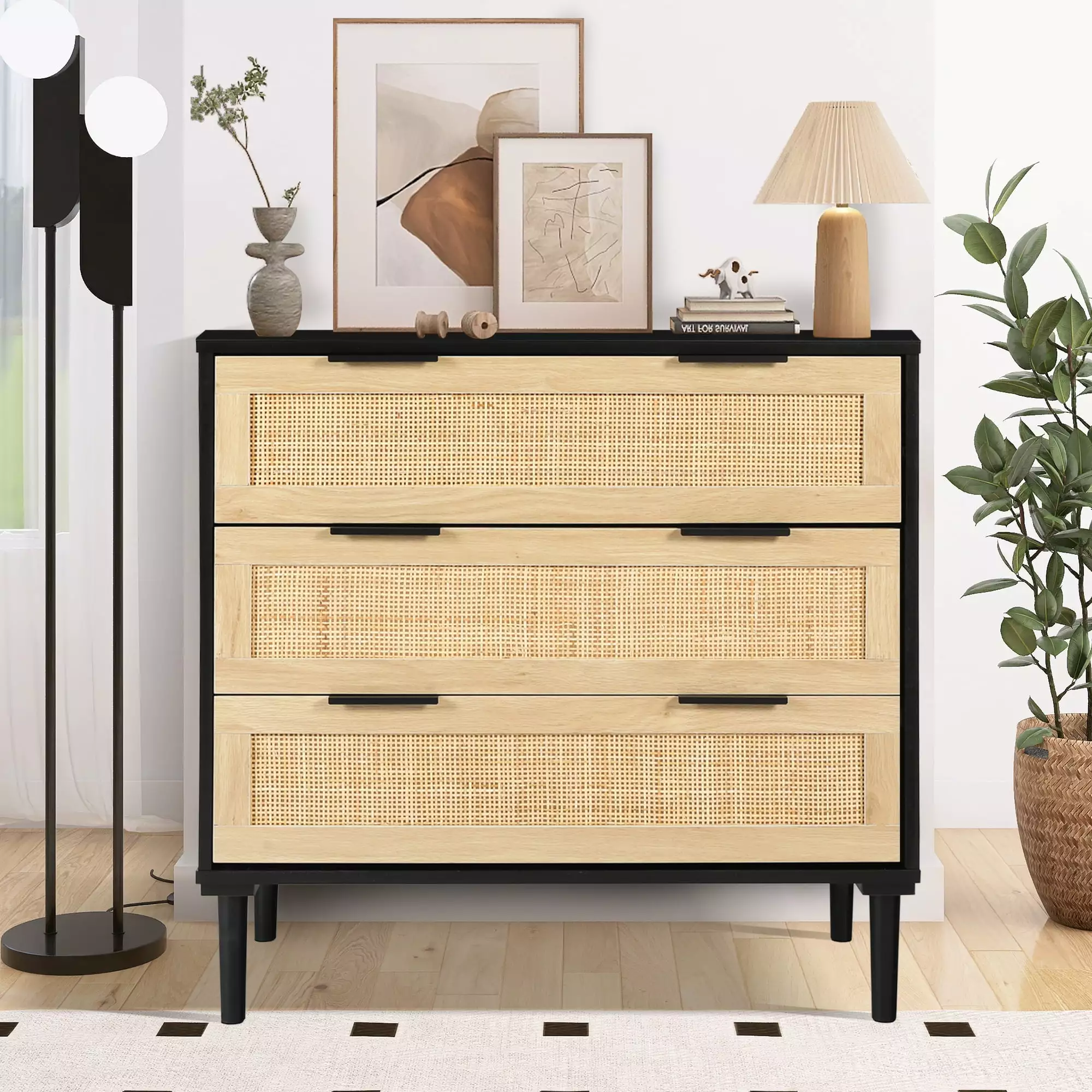 LAZZO 3 Modern Drawer Dresser Rattan and Wood - Large Storage Cabinet Bedroom or Living Room
