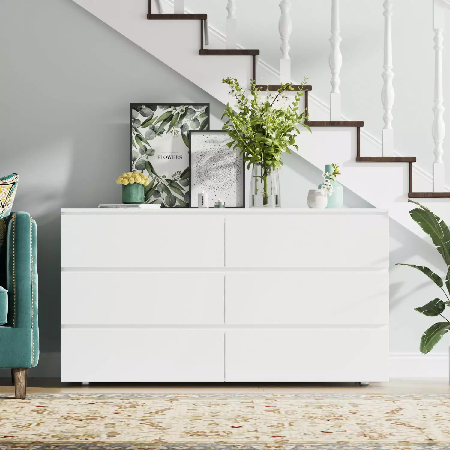MONSLIPA 6 Drawer Dresser Modern Wood Double Dresser White Bedroom Furniture
