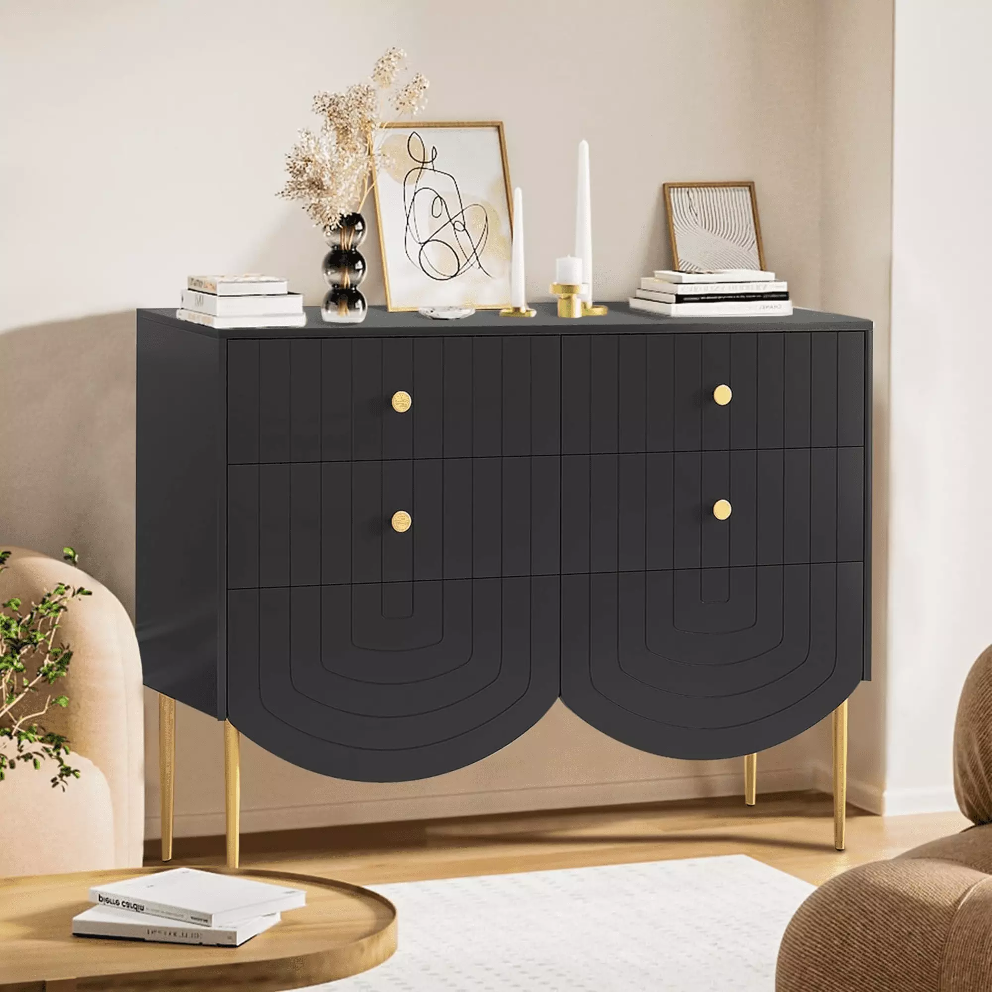 Modern Arch 6 Drawer Dresser Chest Bedroom Metal Handle Black Oubayajia