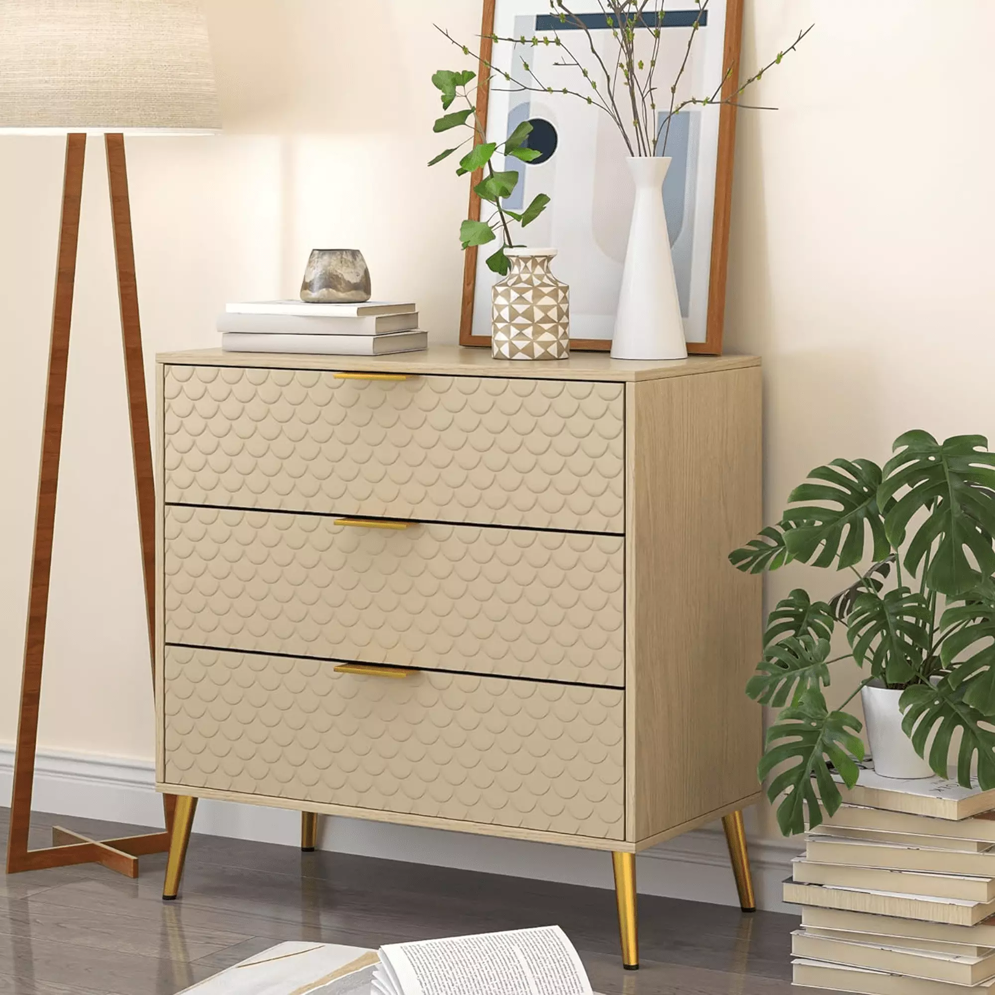 Oubayajia Modern 3-Drawer Dresser Wood Closet Dresser Chest Drawers Bedroom Living Room Compact Storage Furniture