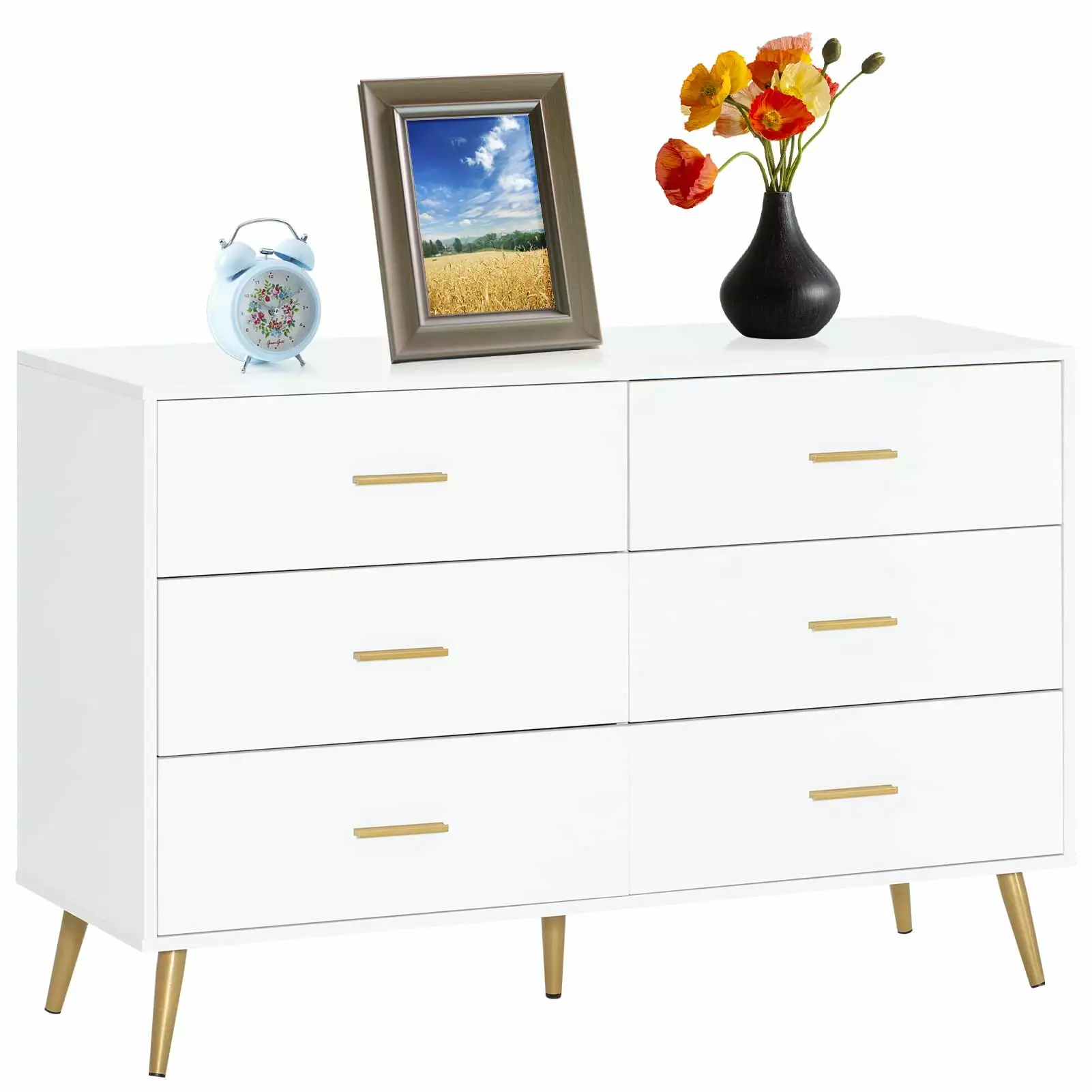 6 Drawer Dresser Power Outlets Mid-Century Modern Chest Drawers Double Dresser Storage Cabinet Bedroom Living Room Hallway...