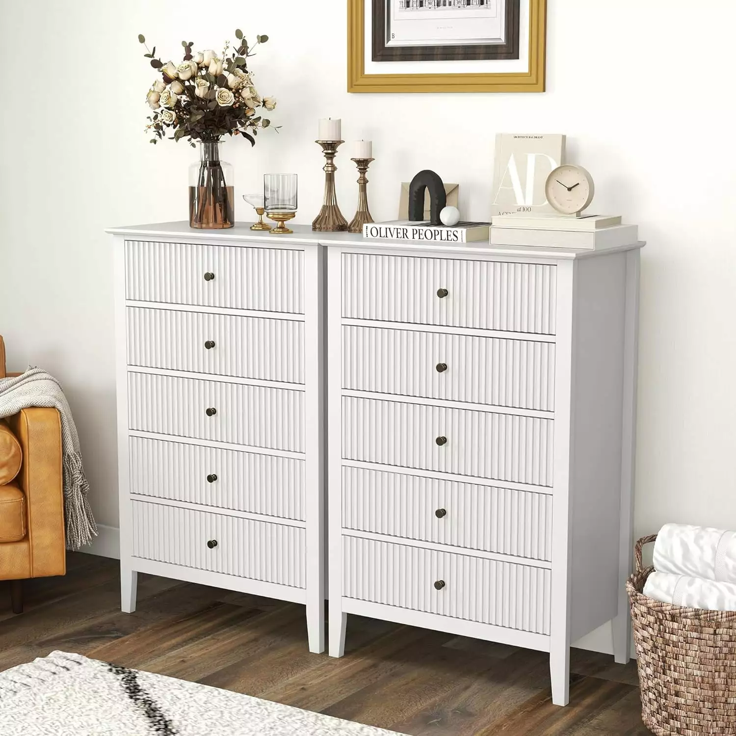 RoyalCraft Fluted 5 Drawer Dresser Set 2 Silent Slide Drawers White