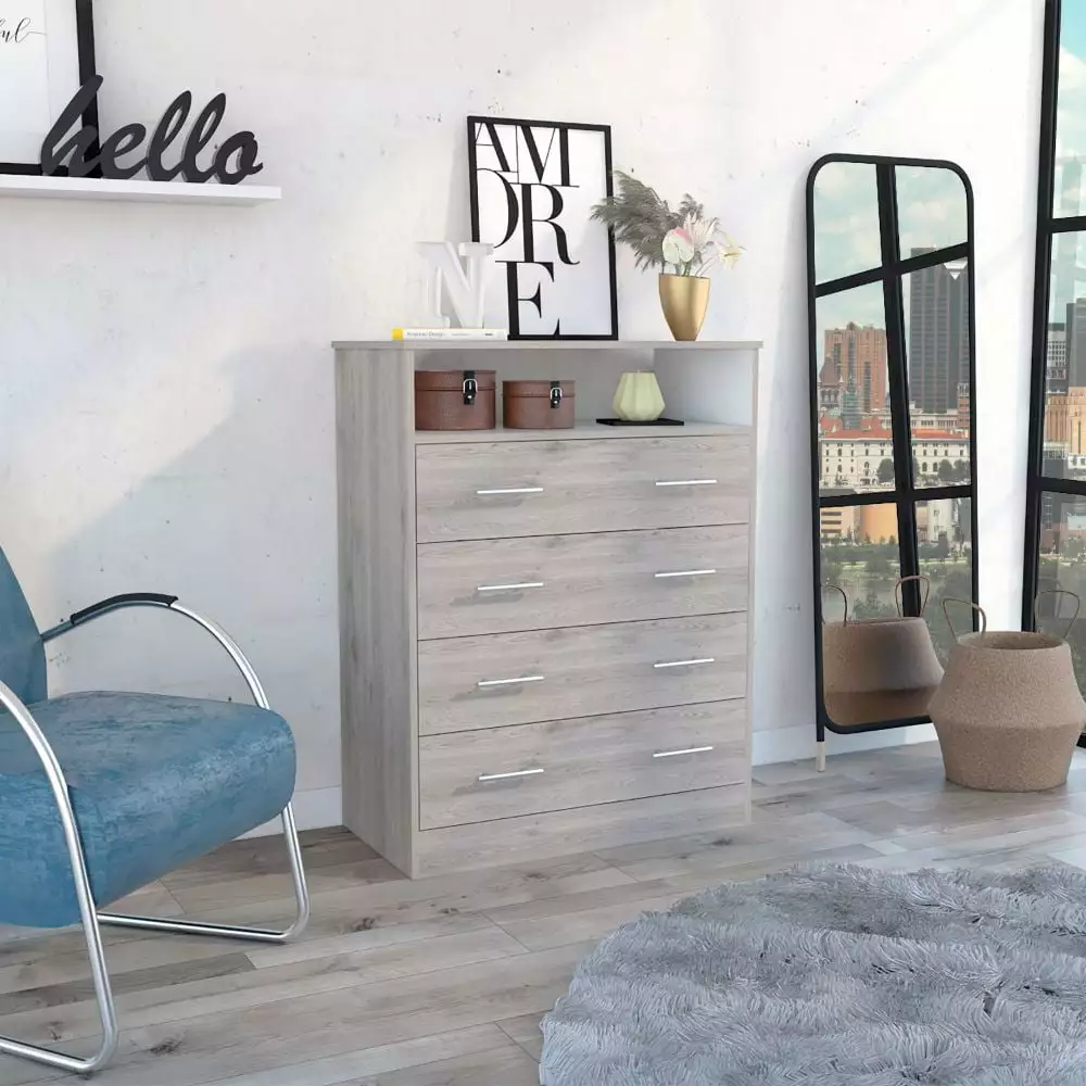 Treevol Furniture Four Drawer Dresser Wuju One Shelf Light Gray White Finish