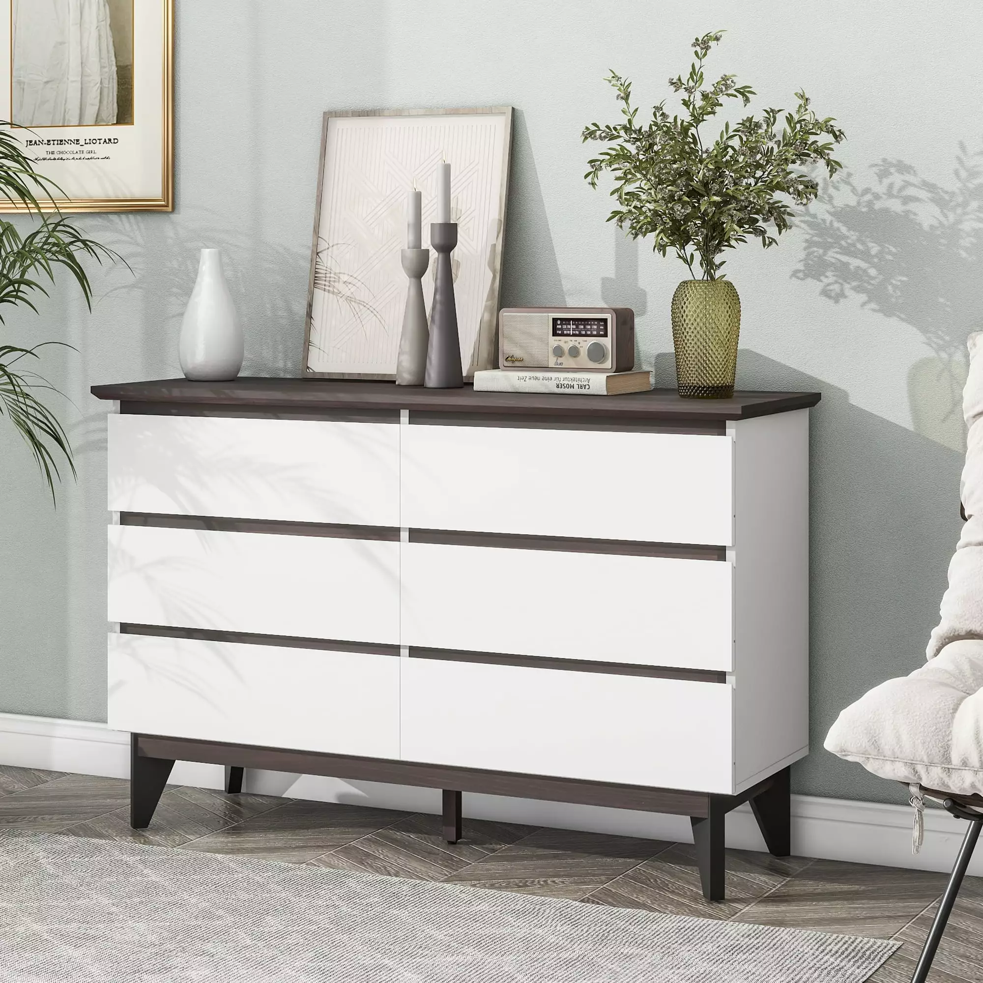 UBesGoo Modern White 6 Drawer Dresser Bedroom White Finish Storage Furniture