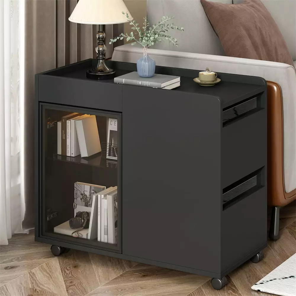 Modern End Table LED Light and Wheels Nightstand 2 Storage Shelves and 2 Drawers Chic Multifunctional Side Table Living Ro...
