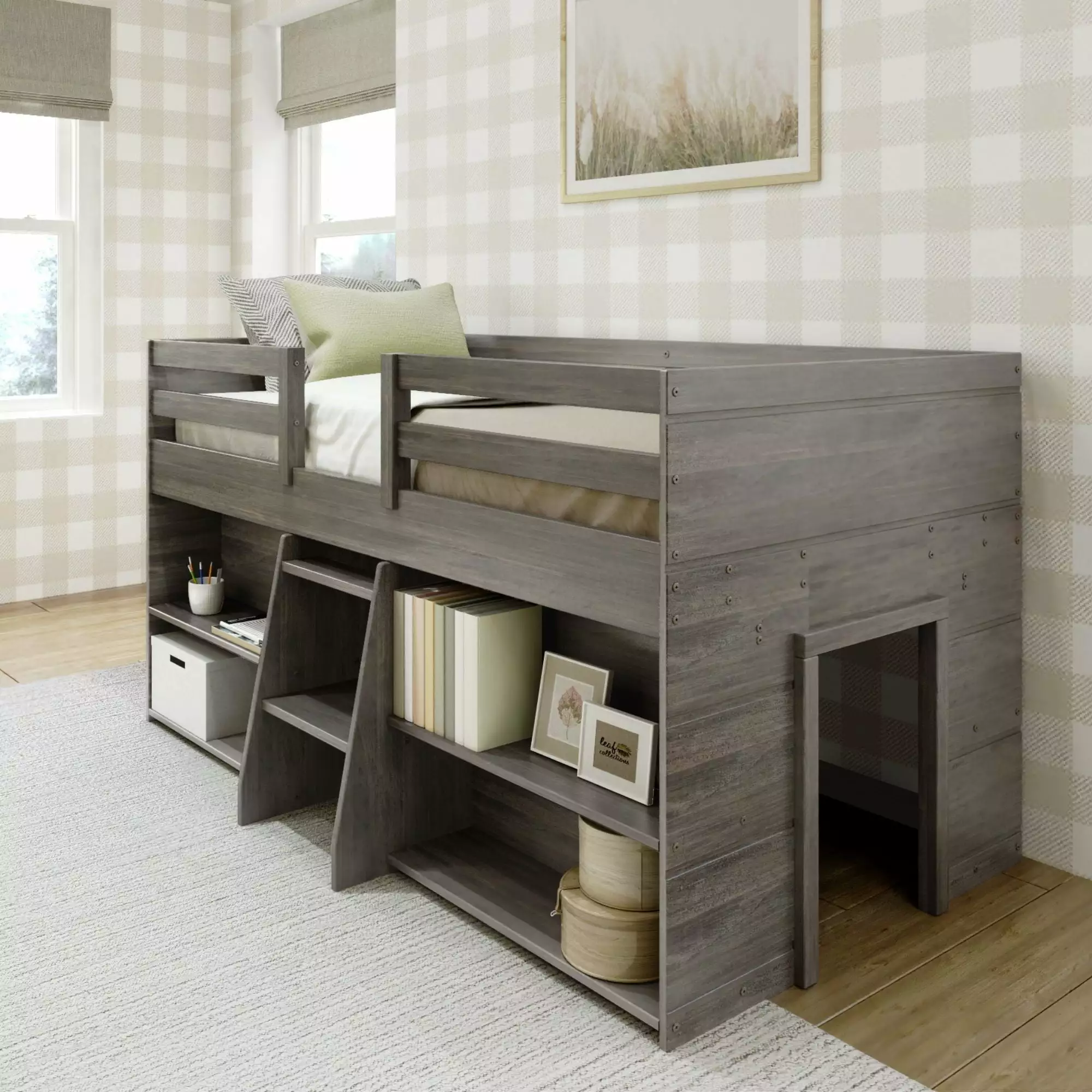 Max & Lily Modern Farmhouse Low Loft Bed Twin Bed Frame Kids 2 Bookcases Driftwood