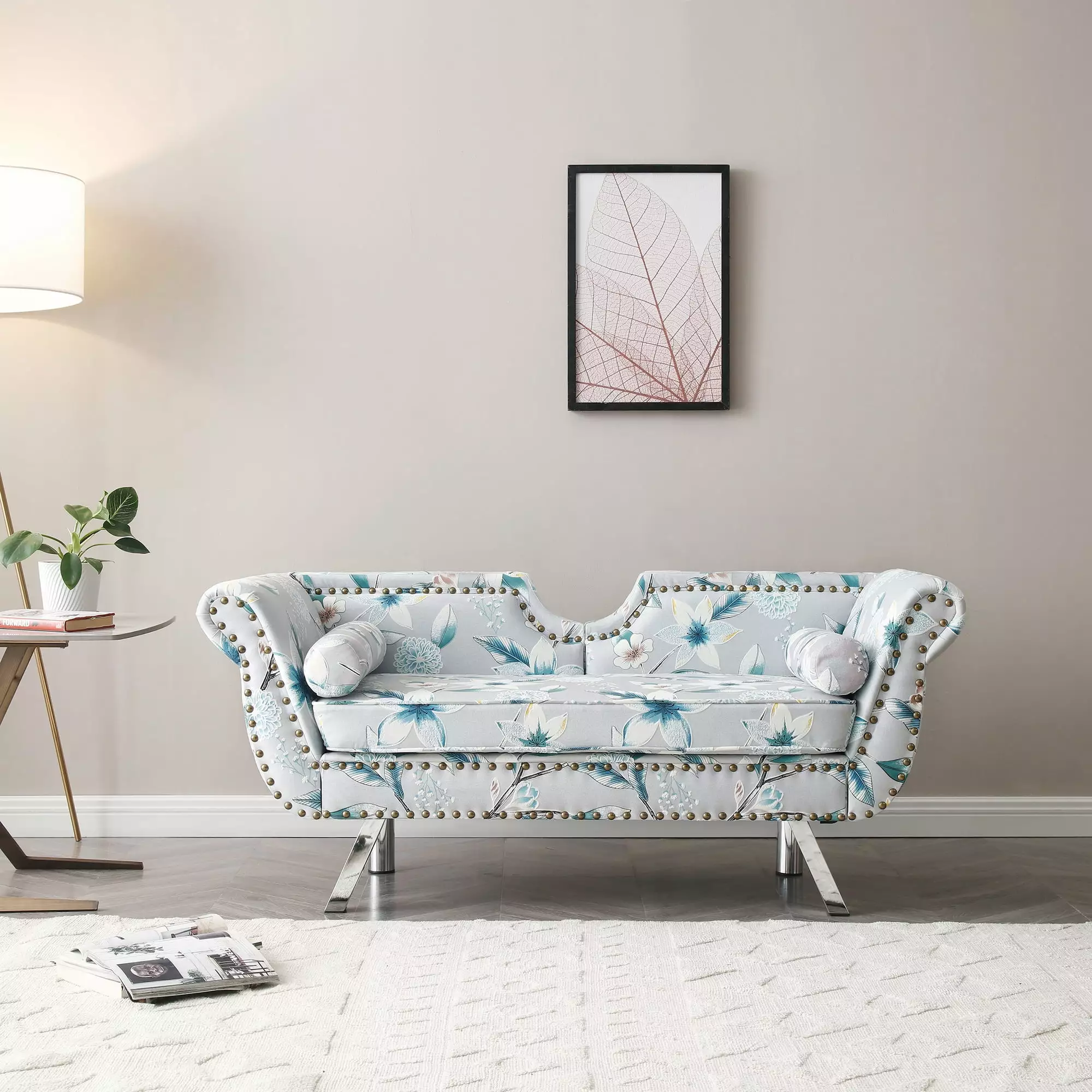 61Width Modern Accent Printed Fabric Upholstered Loveseat Settee Nailhead Trimming Curved Backrest Silver Metal Legs Flowe...