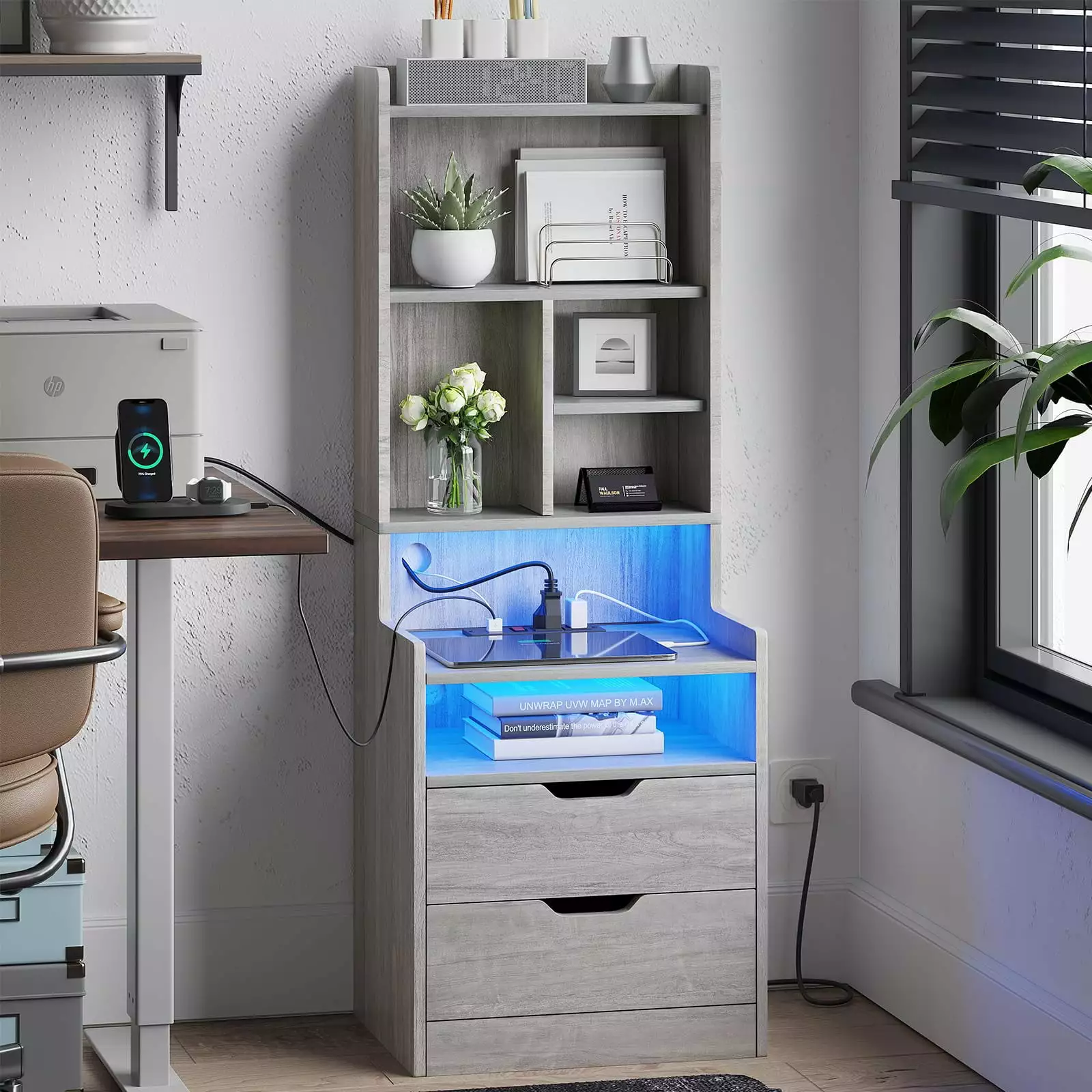 Tall Nightstand Charging Station LED Lights and Bookshelf Black Bedside Table Drawers AOGLLATI
