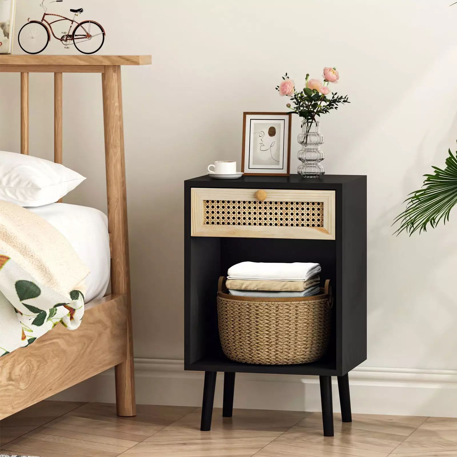 Clikuutory Storage Cabinet 1 Drawer and Open Shelf Mid-Century Modern Wooden Nightstand Black