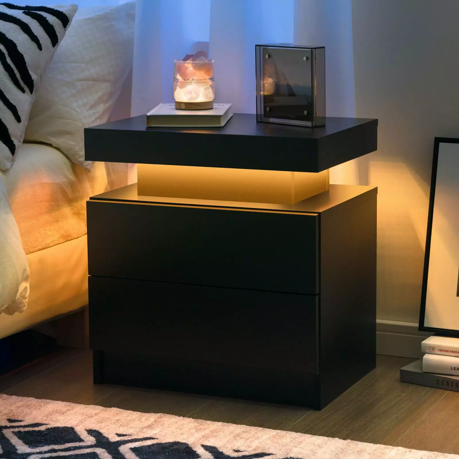 Cubehom Modern Black Wood Nightstand LED and 2 Drawers Bedside Table Bedroom