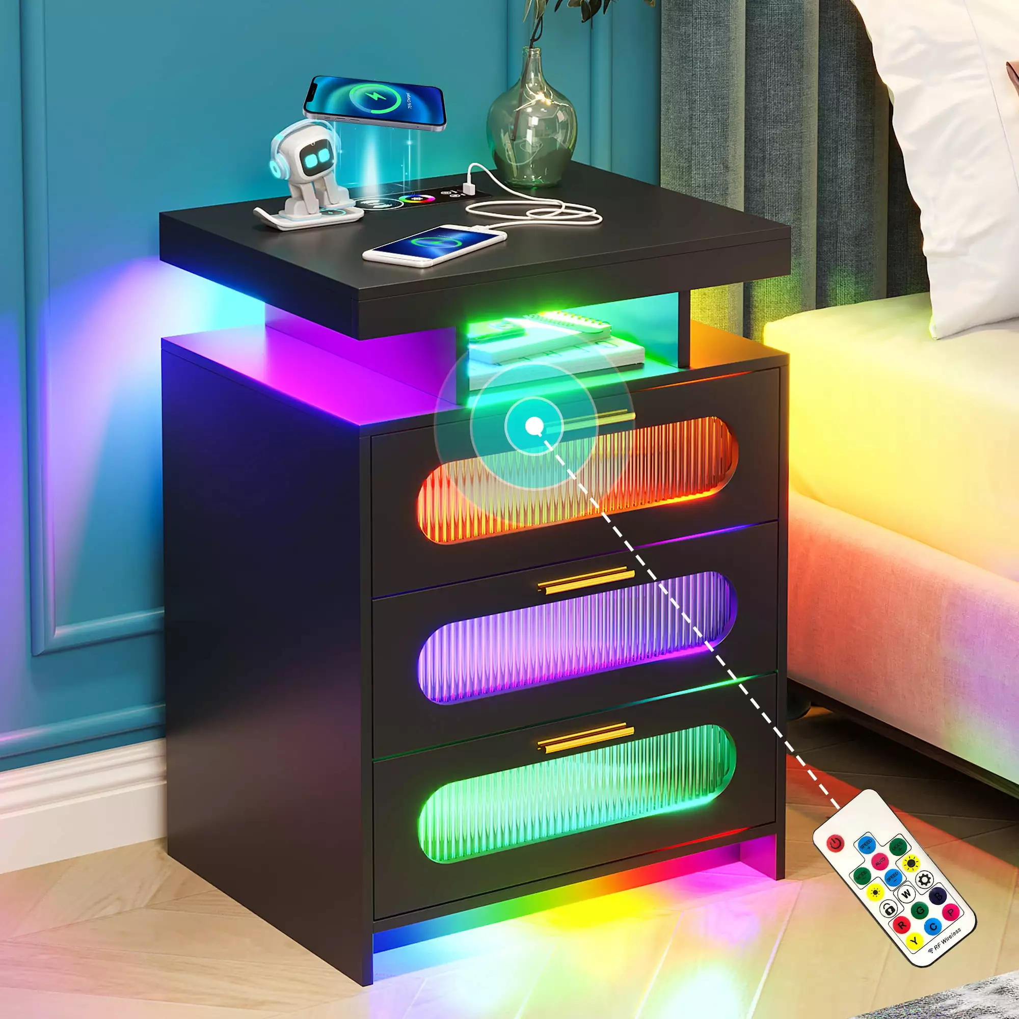 HNEBC LED Nightstand Black Bedside Table Charging Station 3 Drawer RGB Lights Body Sensor
