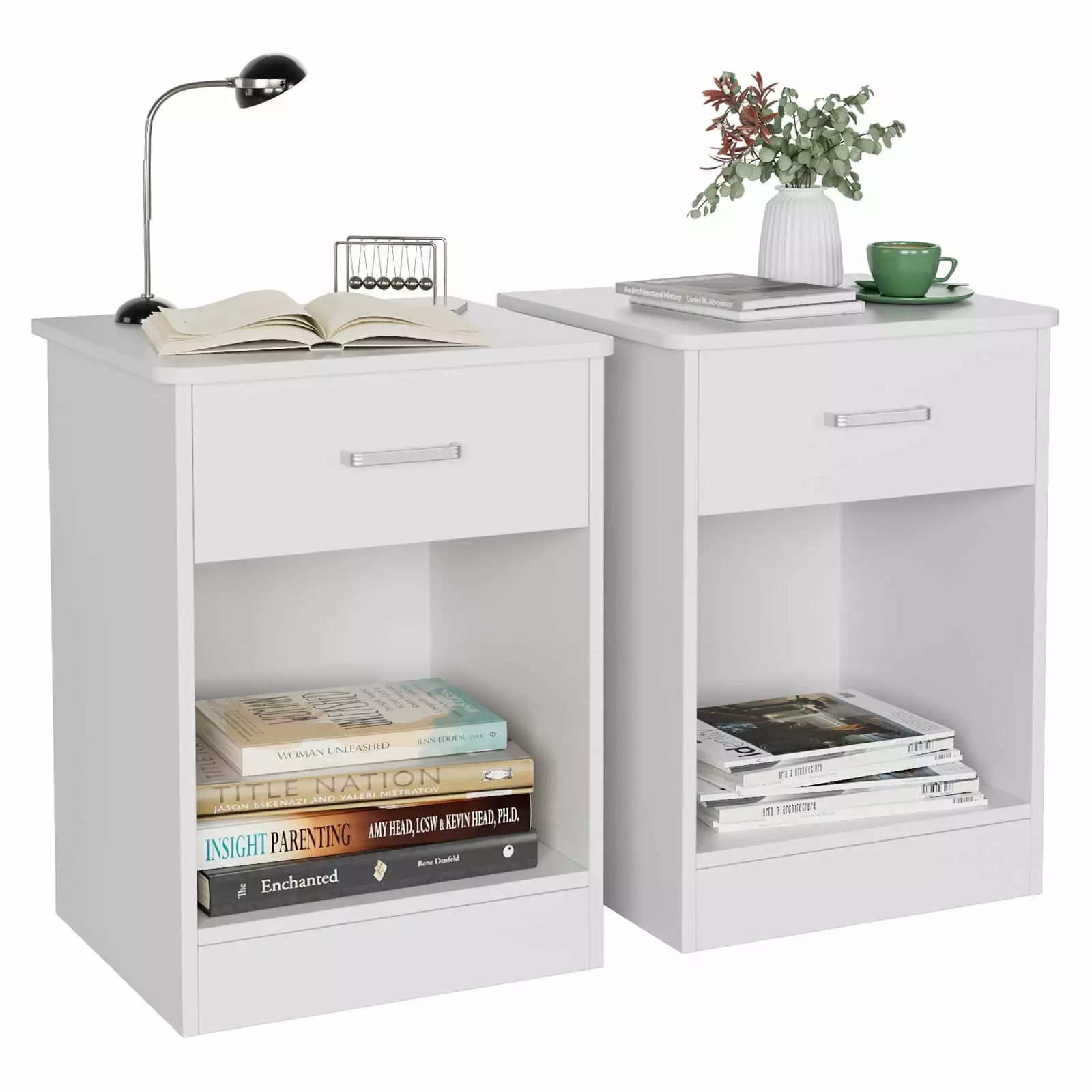 Homfa 2-Tier Nightstand Drawer Storage Shelf Side End Table Bedroom Living Room Set 2 White
