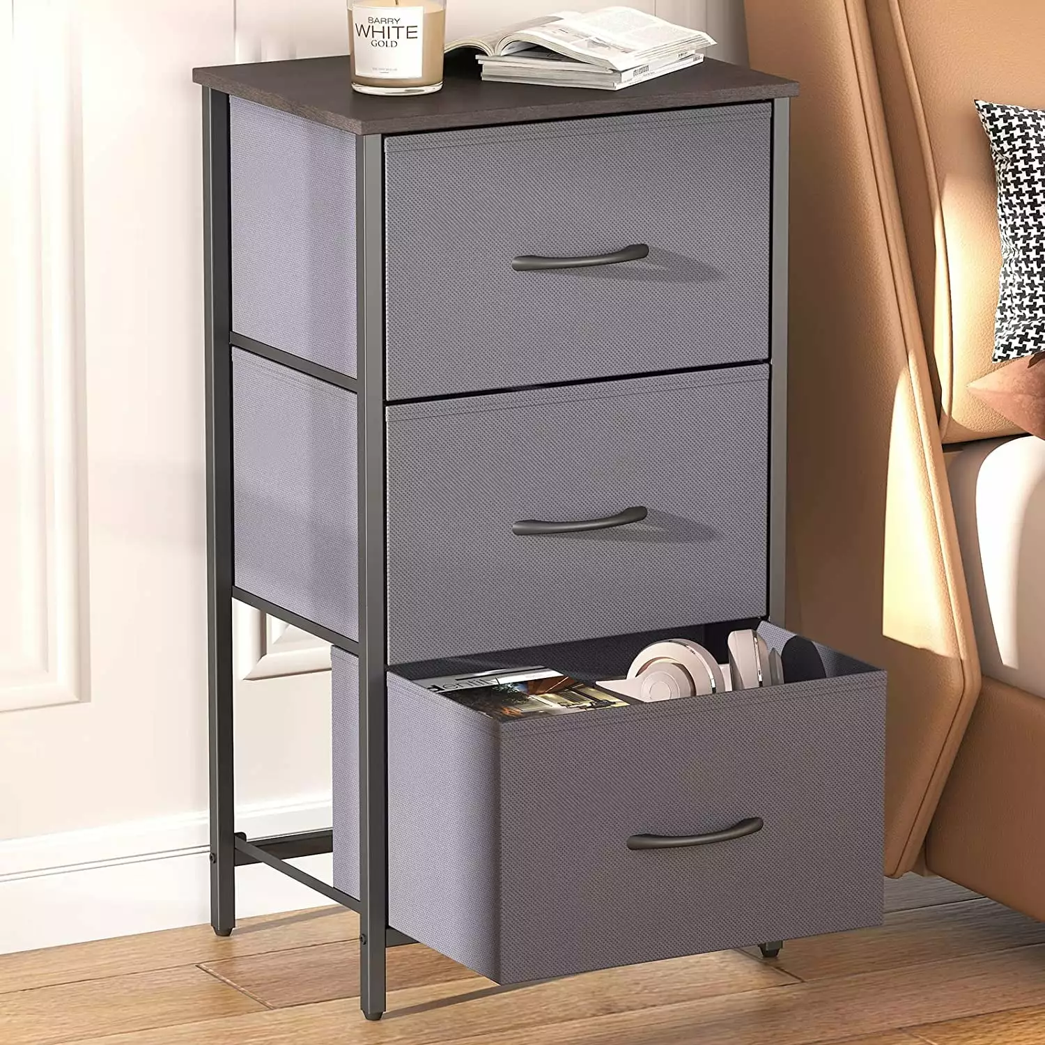 Lifewit 3 Drawer Dresser Nightstand Fabric Bins Dark Grey