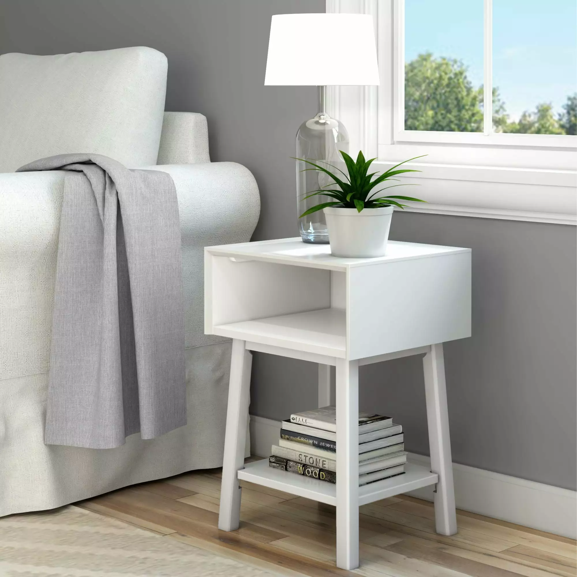 Plank+Beam Nightstand Cubby Shelf Wooden Bedside Table Side Table Bedroom White Plank Beam