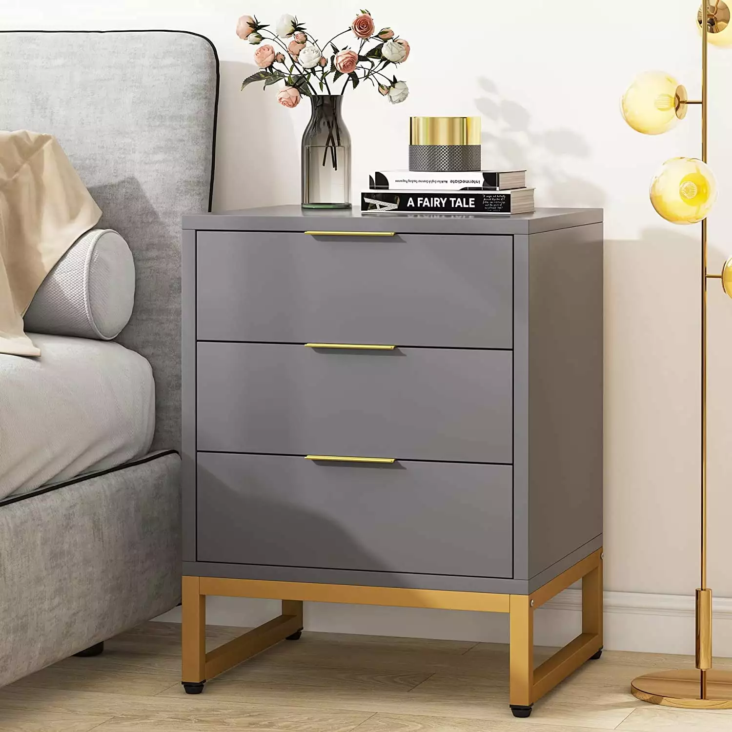 Tribesigns Nightstand 3 Drawers Modern Metal Frame Bedside Table Gray and Gold