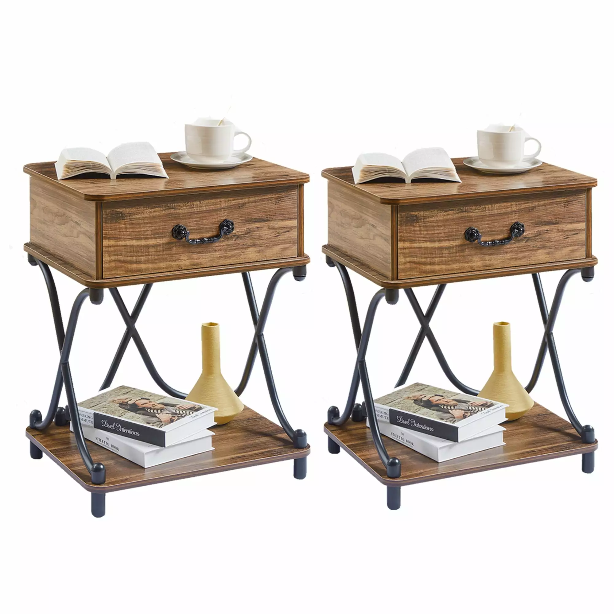 VECELO Set 2 Nightstand 1-Drawer and Storage Shelf Modern X Design End Side Table Brown