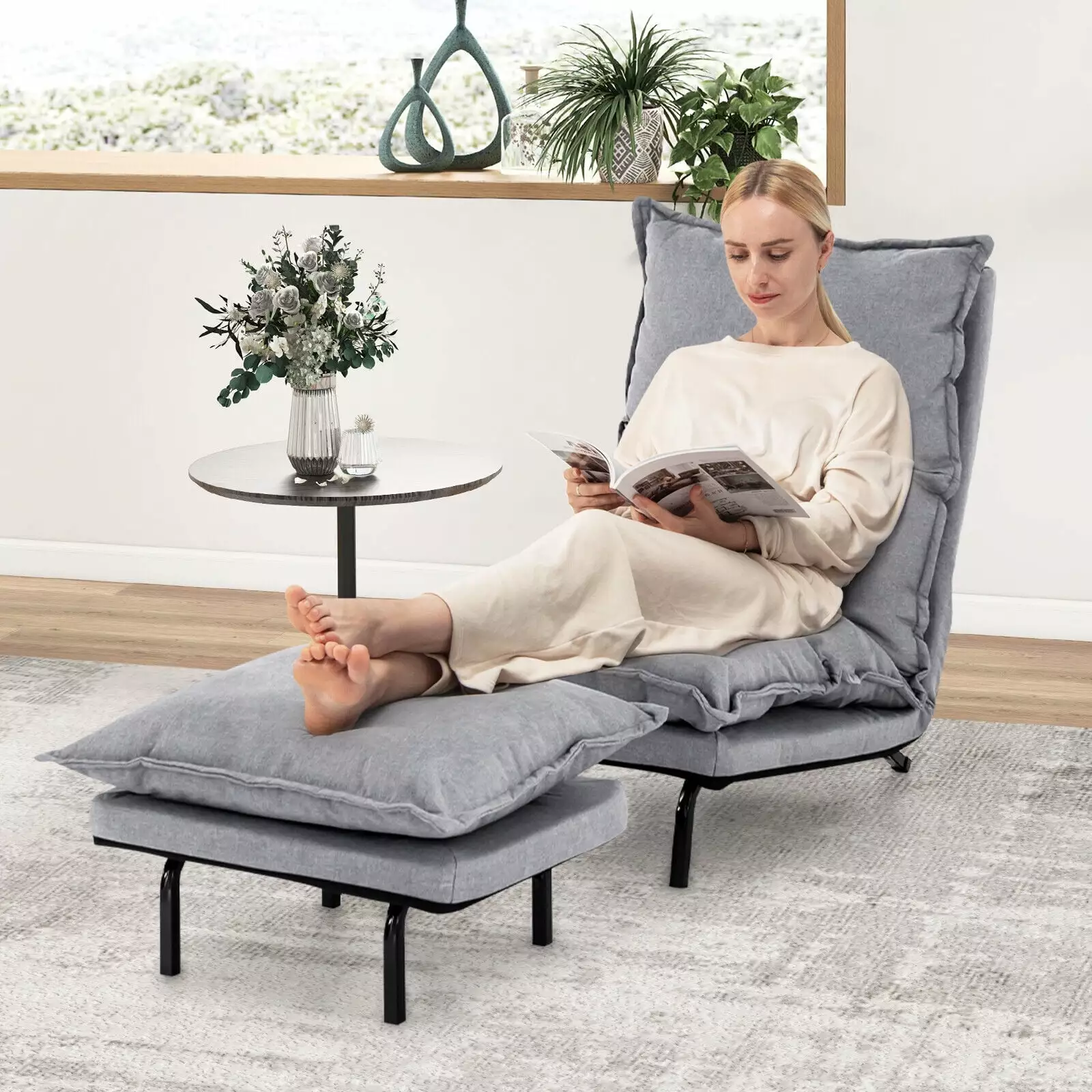 Exdeerjoy Modern Lazy Sofa Chair Footstool 6 Level Adjustable Backrest Metal Frame Faux Linen Fabric Grey