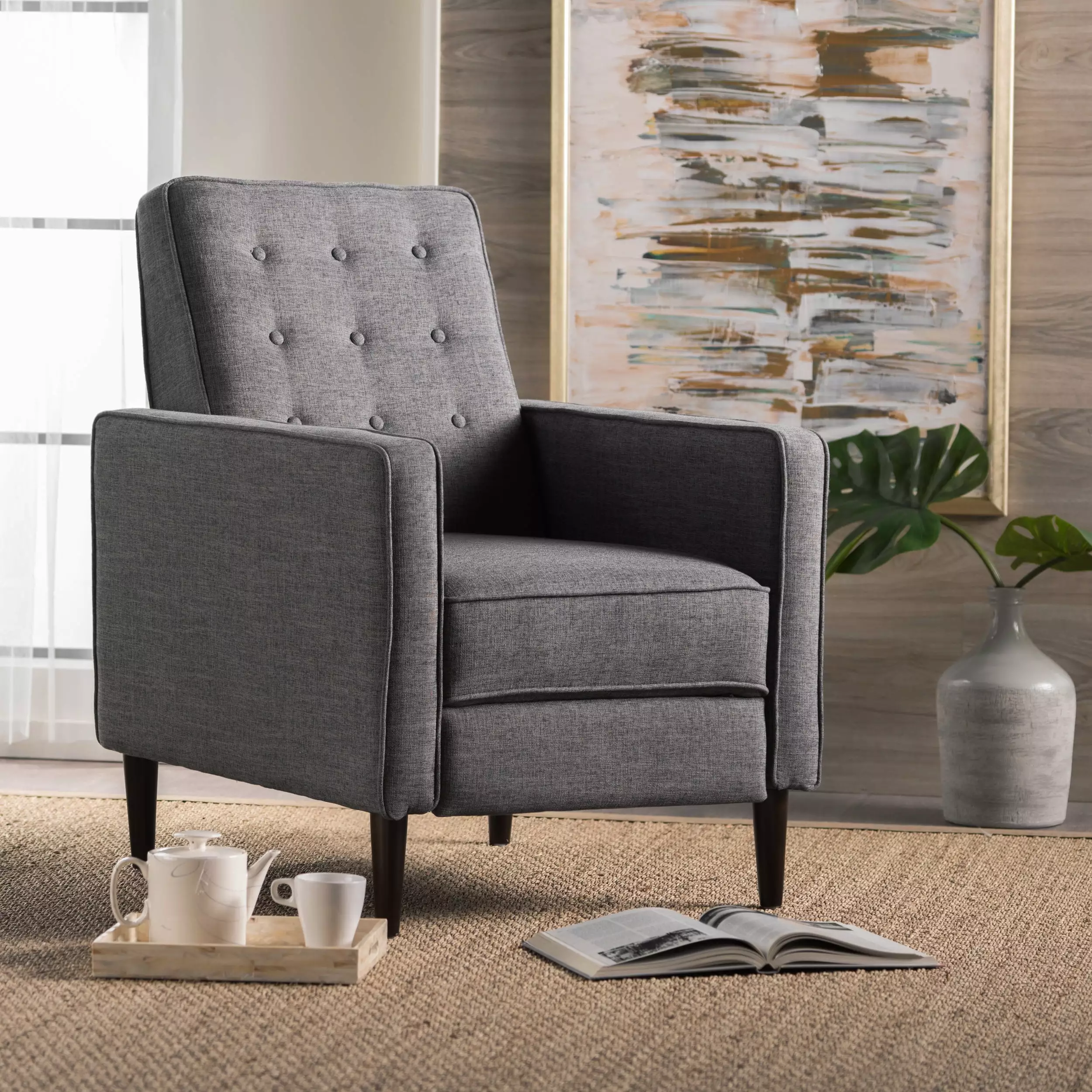 Noble House Logan Mid Century Modern Grey Fabric Recliner