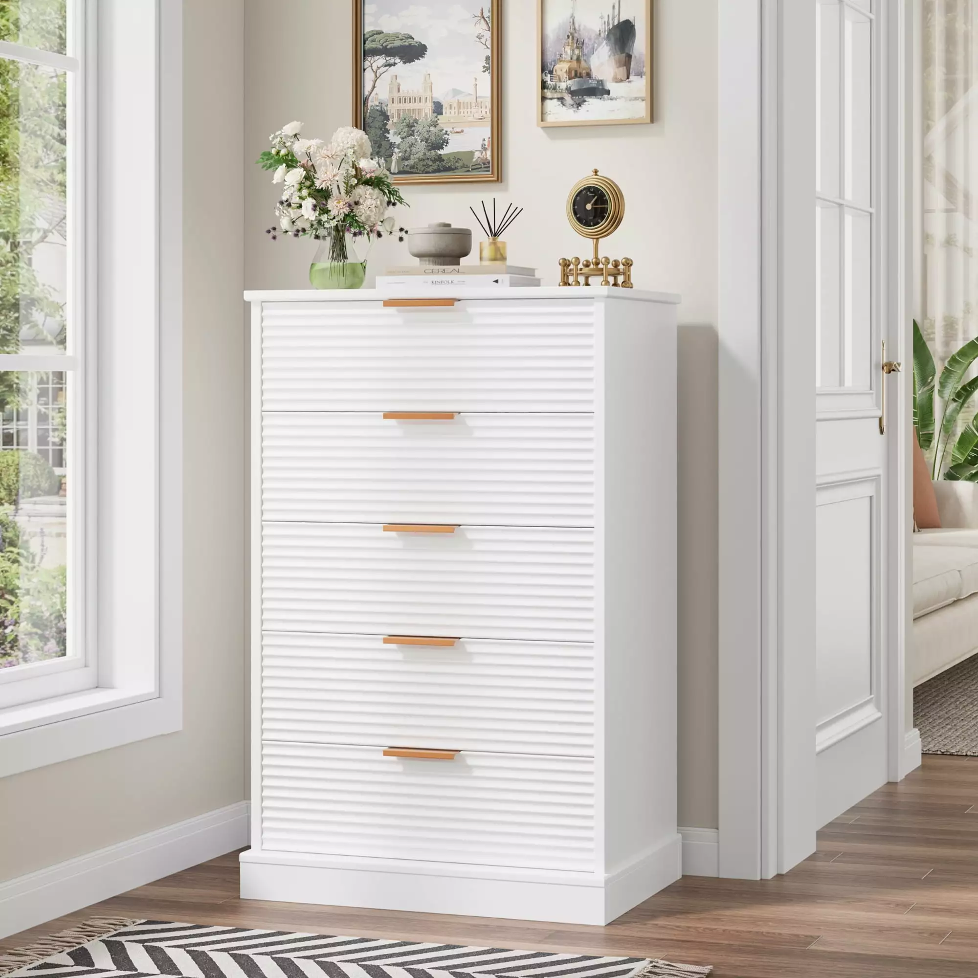 Homfa 5 Drawer White Dresser Wave Panel - Contemporary Storage Cabinet