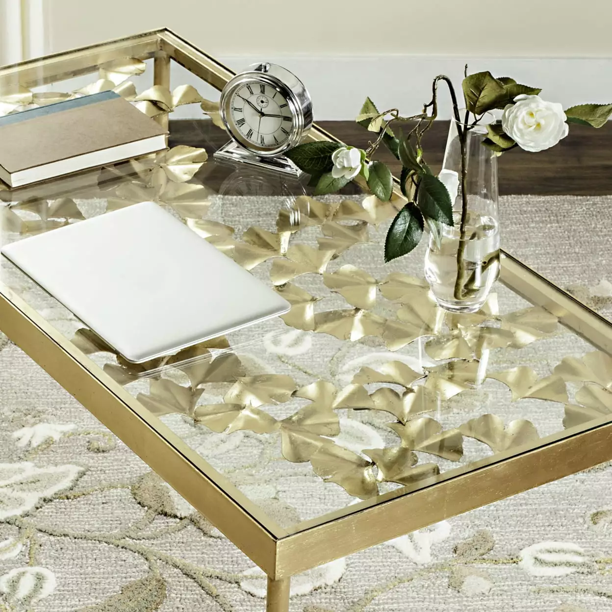 SAFAVIEH Otto 29.5 Ginkgo Leaf Glass Top Desk Gold Clear Contemporary Design