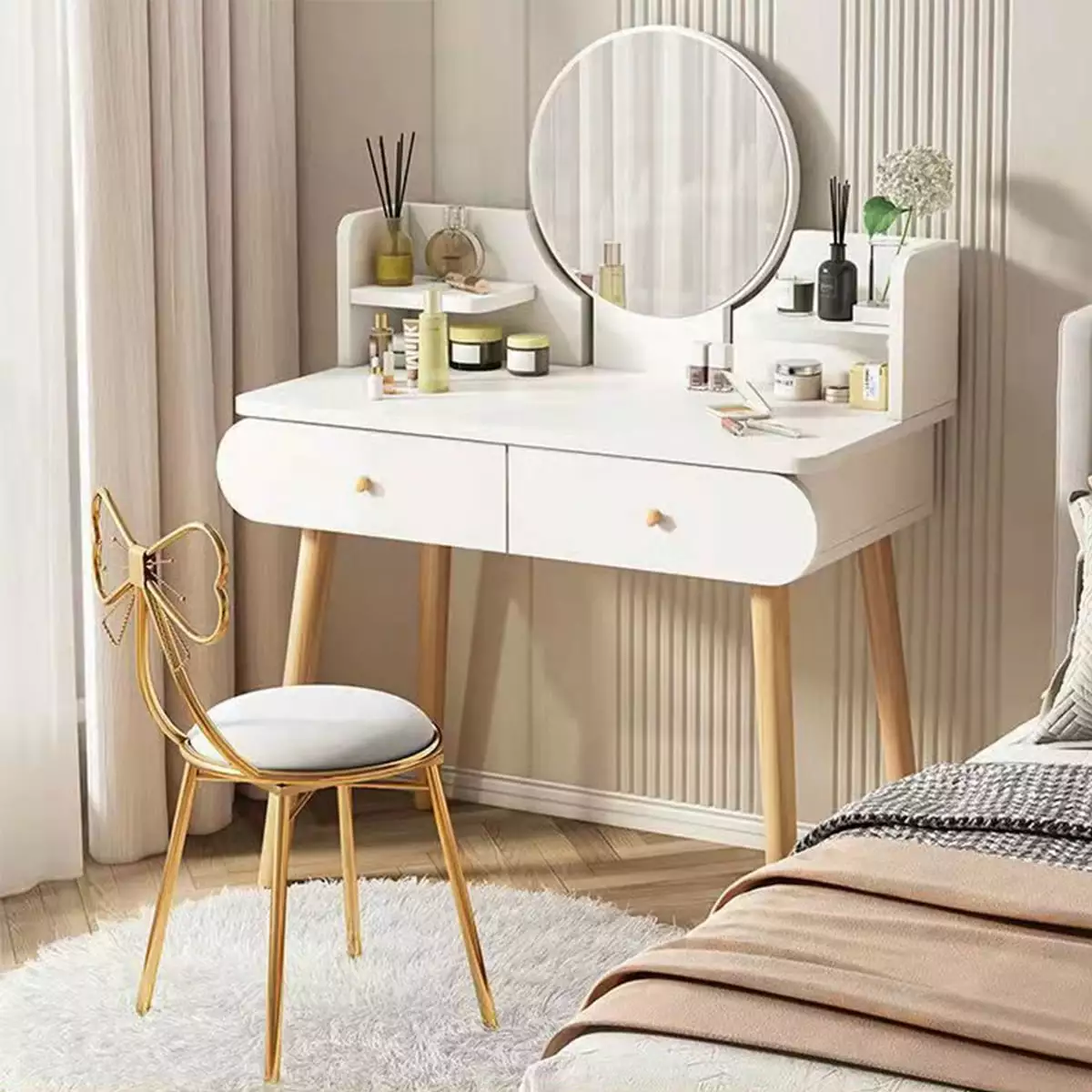ANJORALA White Vanity Table Set Mirror Modern Makeup Vanity Desk Dressing Table 2 Drawers & 2 Shelves Without Stool