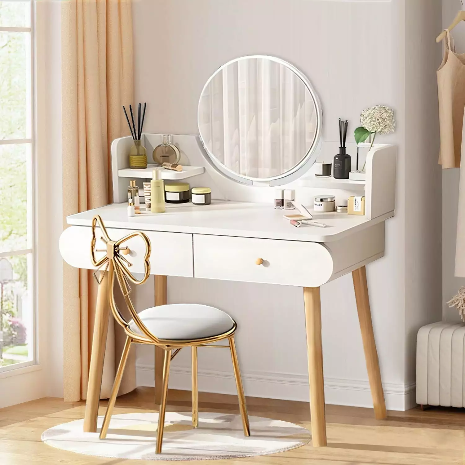 Hurber Vanity Table Set Mirror Modern Makeup Vanity Dressing Desk 2 Drawers & 2 Shelves White Without Stool