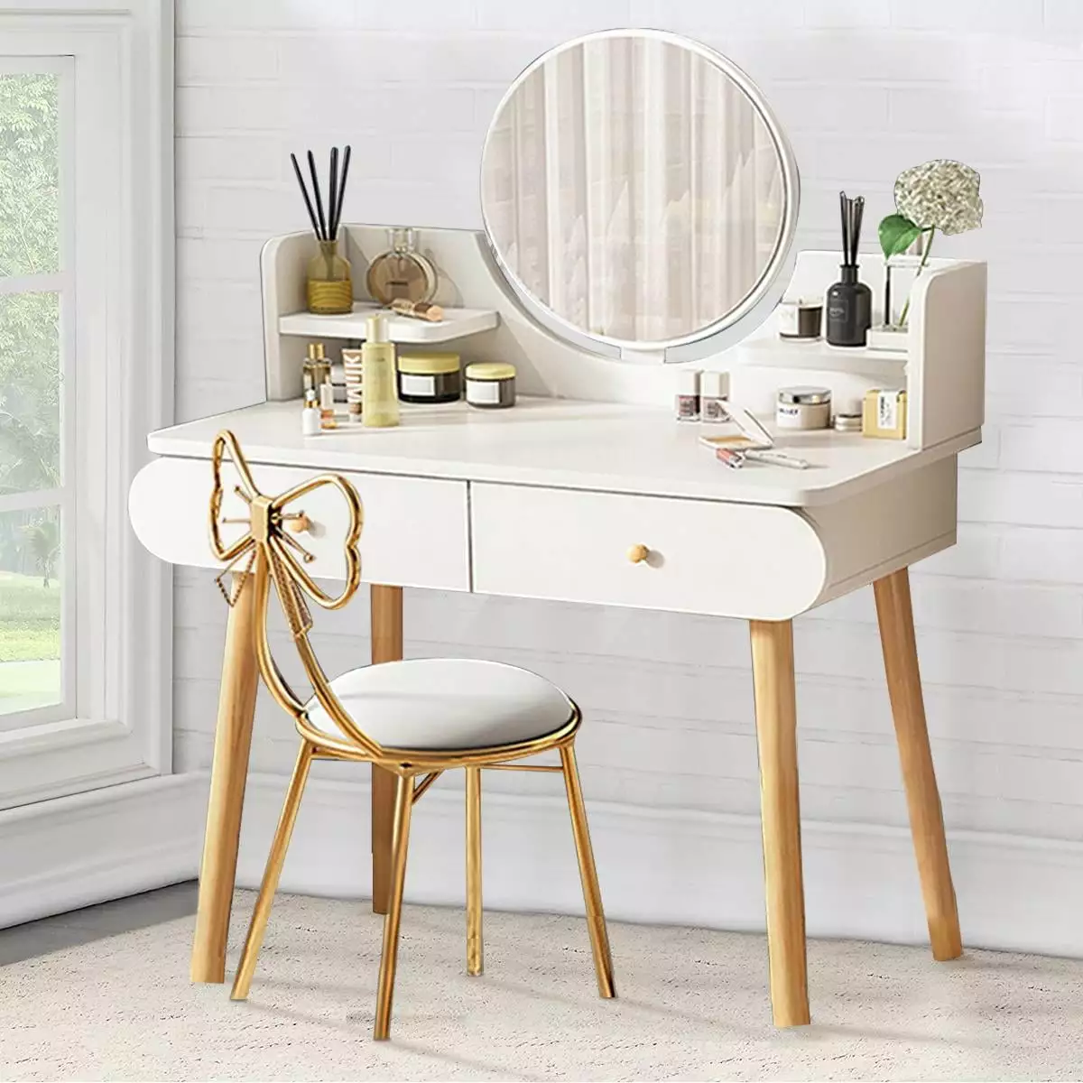 Modern Vanity Table Makeup Desk 2 Drawers and 4 Shelves Bedroom White Without Stool and LED SolarSoda