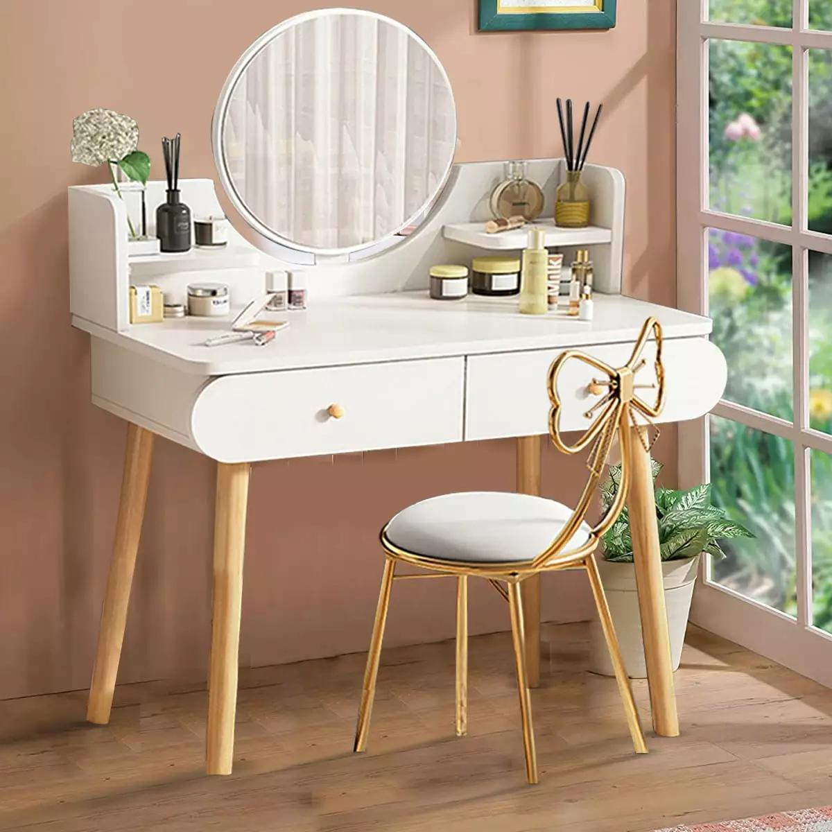 Vanity Table Mirror 2 Drawers Makeup Dressing Desk Bedroom Vanities Set White Without Stool SolarSoda