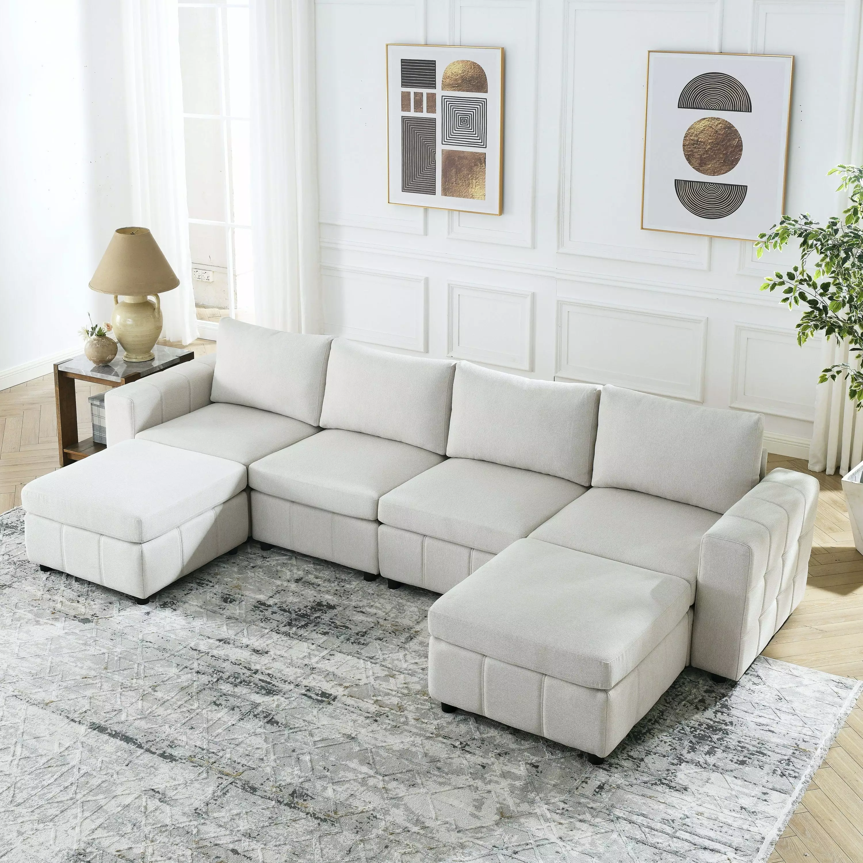 Varga Modular Sectional Sofa Sets - 4-Seater 2 Ottomans Beige Go Green Woods