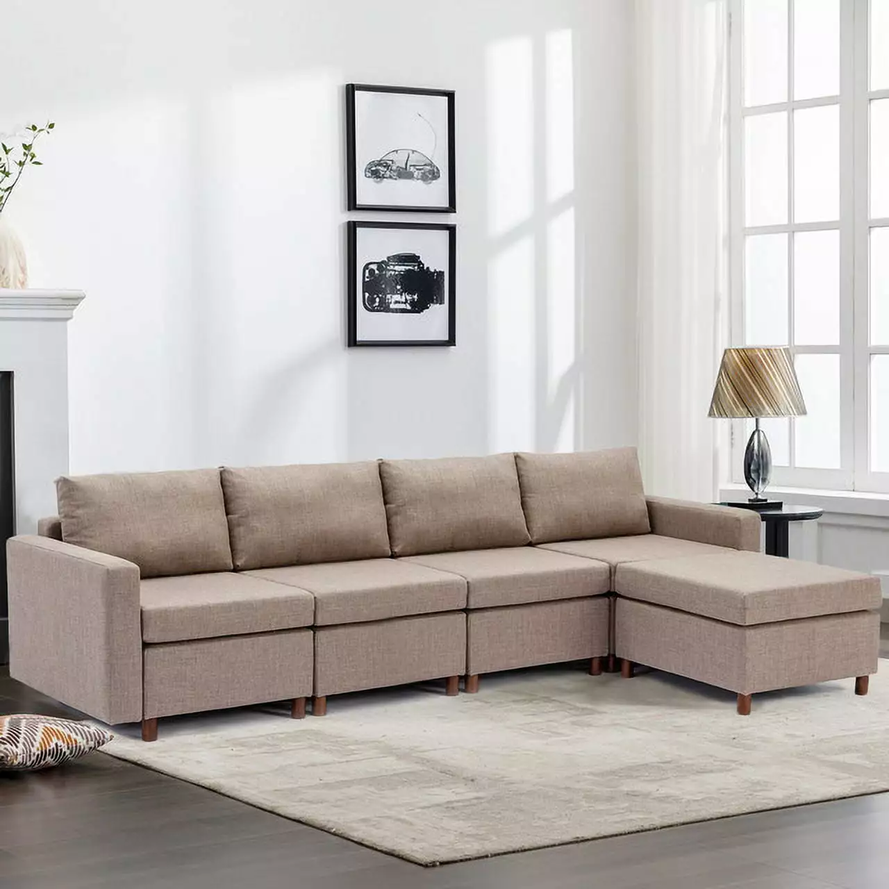 Brown 4-Seat Modular Sectional Sofa Ottoman Soft Linen Material Wood Base Ponnky