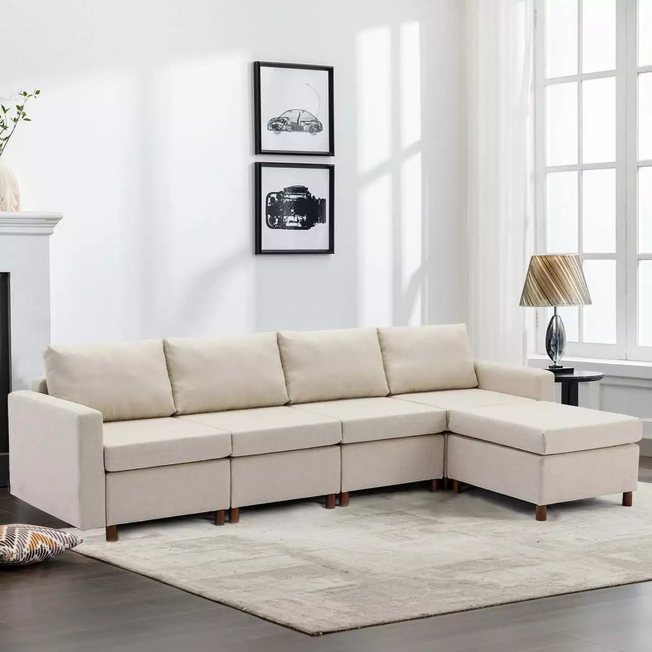 Elegant Cream 4-Seat Modular Sectional Sofa Ottoman - Modern Linen Upholstery Ponnky