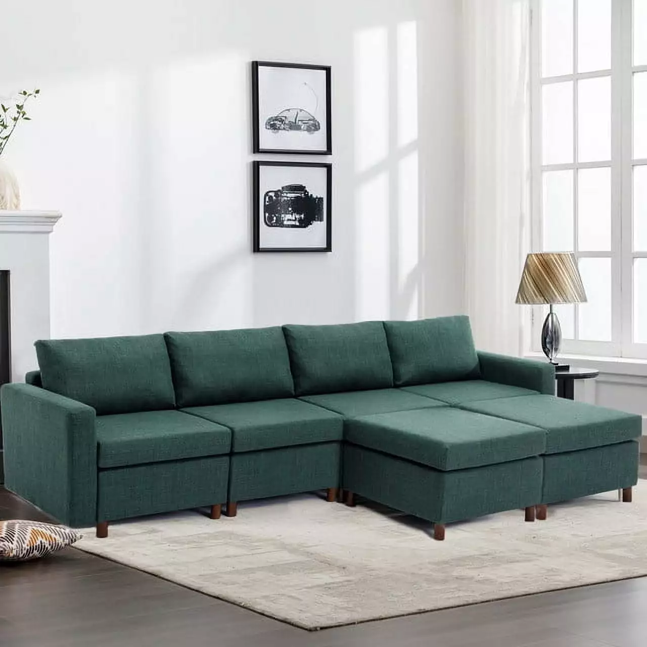 Green 4-Seat Modular Sectional Sofa 2 Ottomans and Sturdy Wood Construction Ponnky