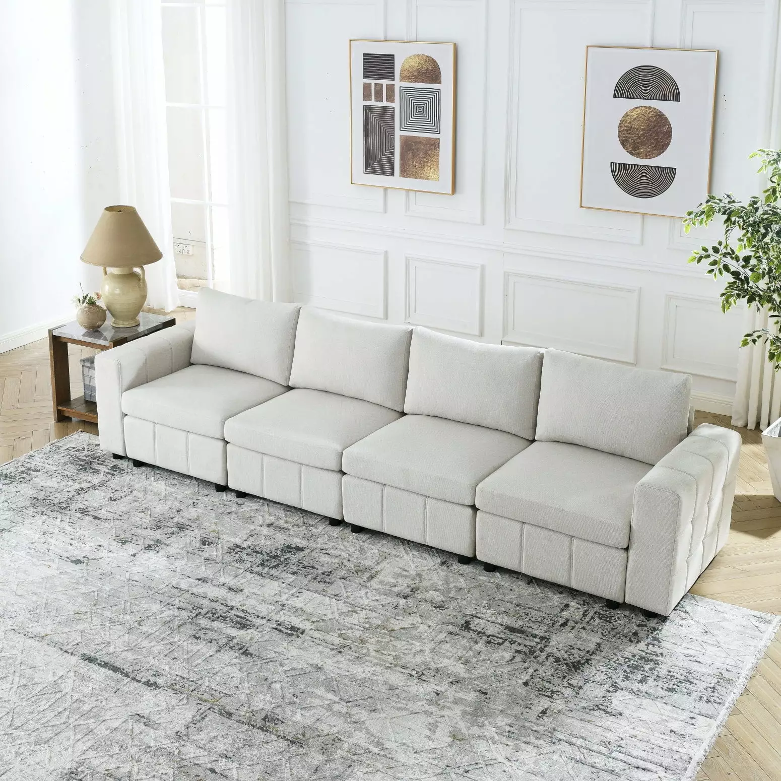 Modular Beige 4-Seater Sectional Sofa Foam Padding Eucalyptus Frame Living Room HATNOKIL