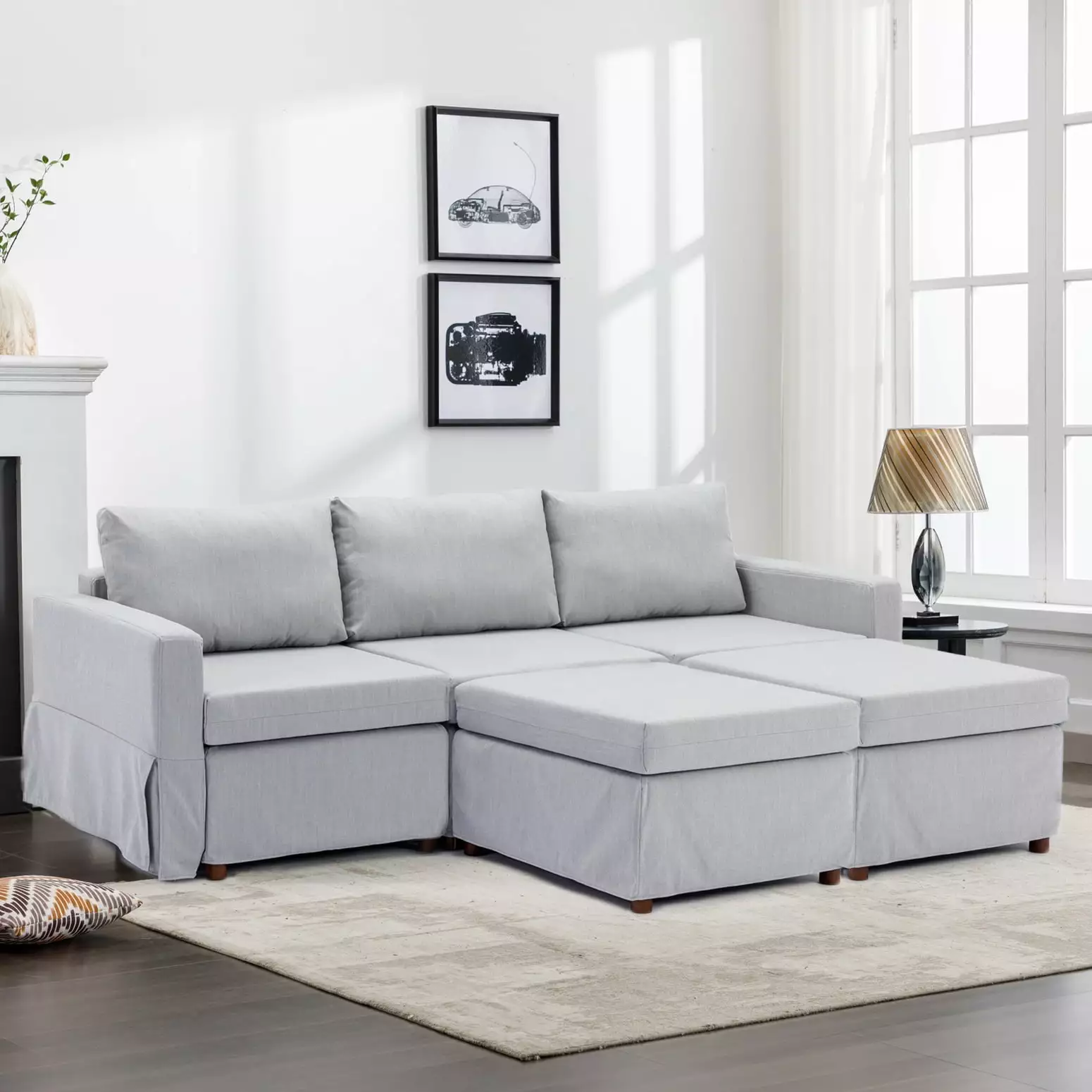 3-Seat Modular Sectional Sofa 2 Ottomans Light Grey - Removable and Washable Cushions Ponnky