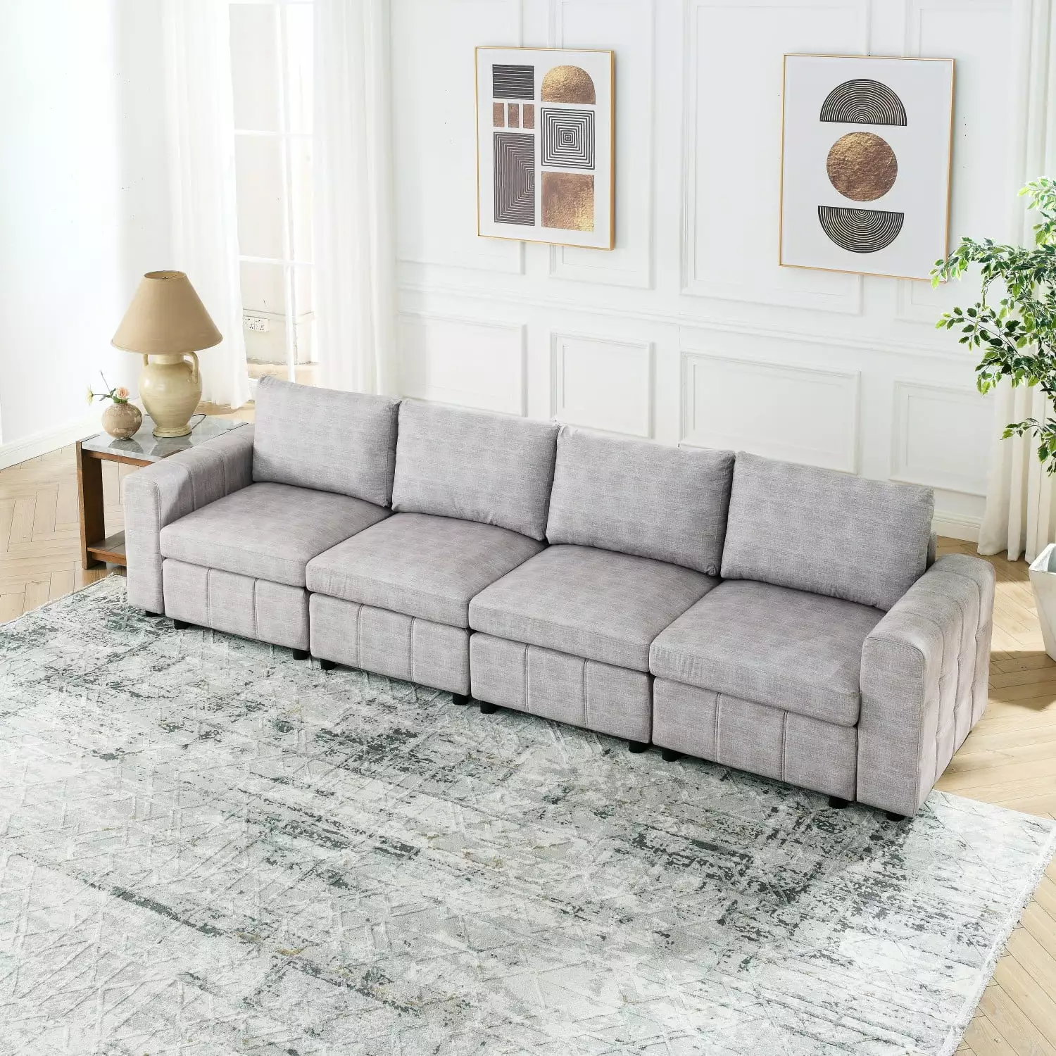 Light Grey Upholstered Modular 4-Seater Sectional Sofa Foam Filling Eucalyptus Frame Ponnky