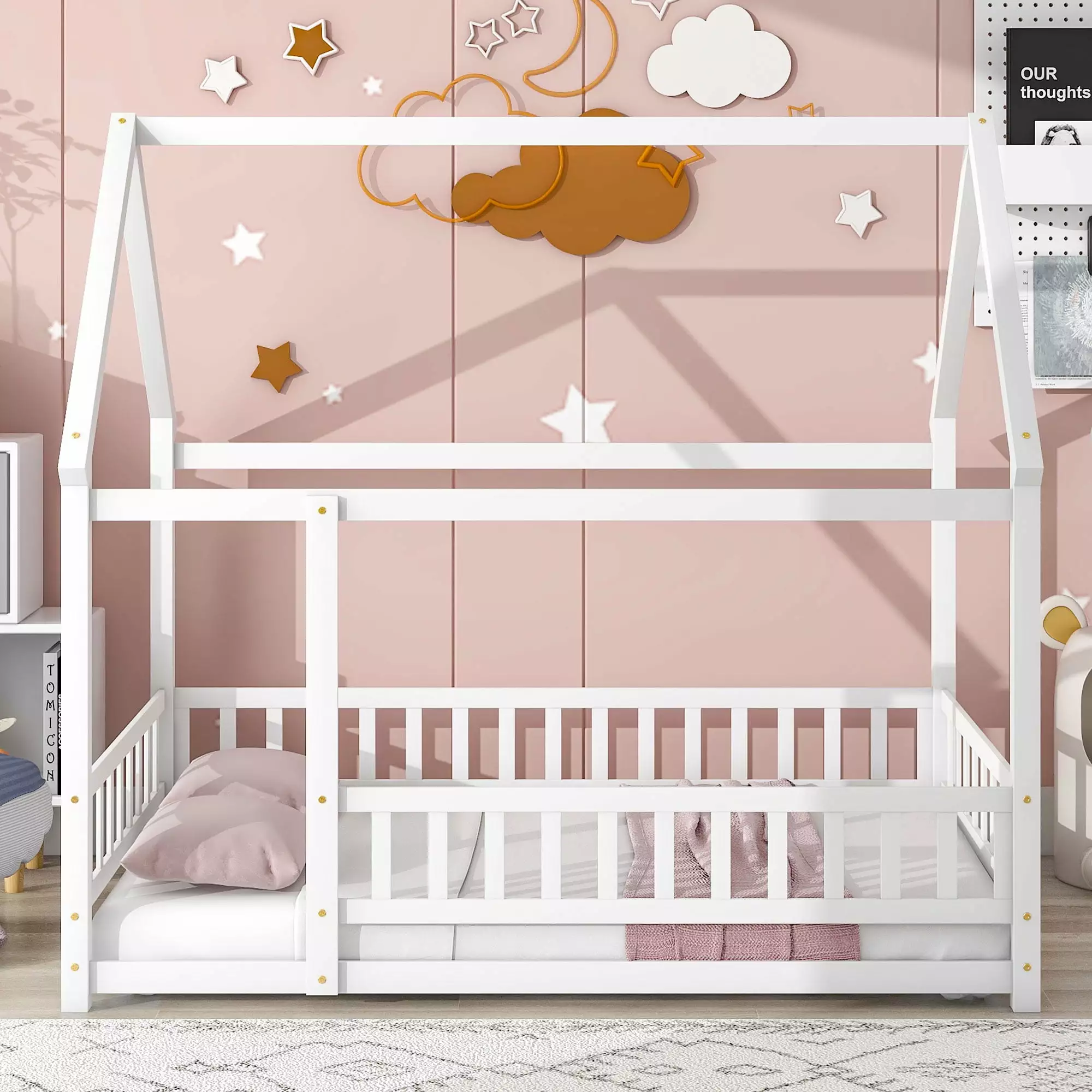 Full Size Houtilize Bed Wooden Floor Bed Roof and Fence Guardrails White ARCTICSCORPION