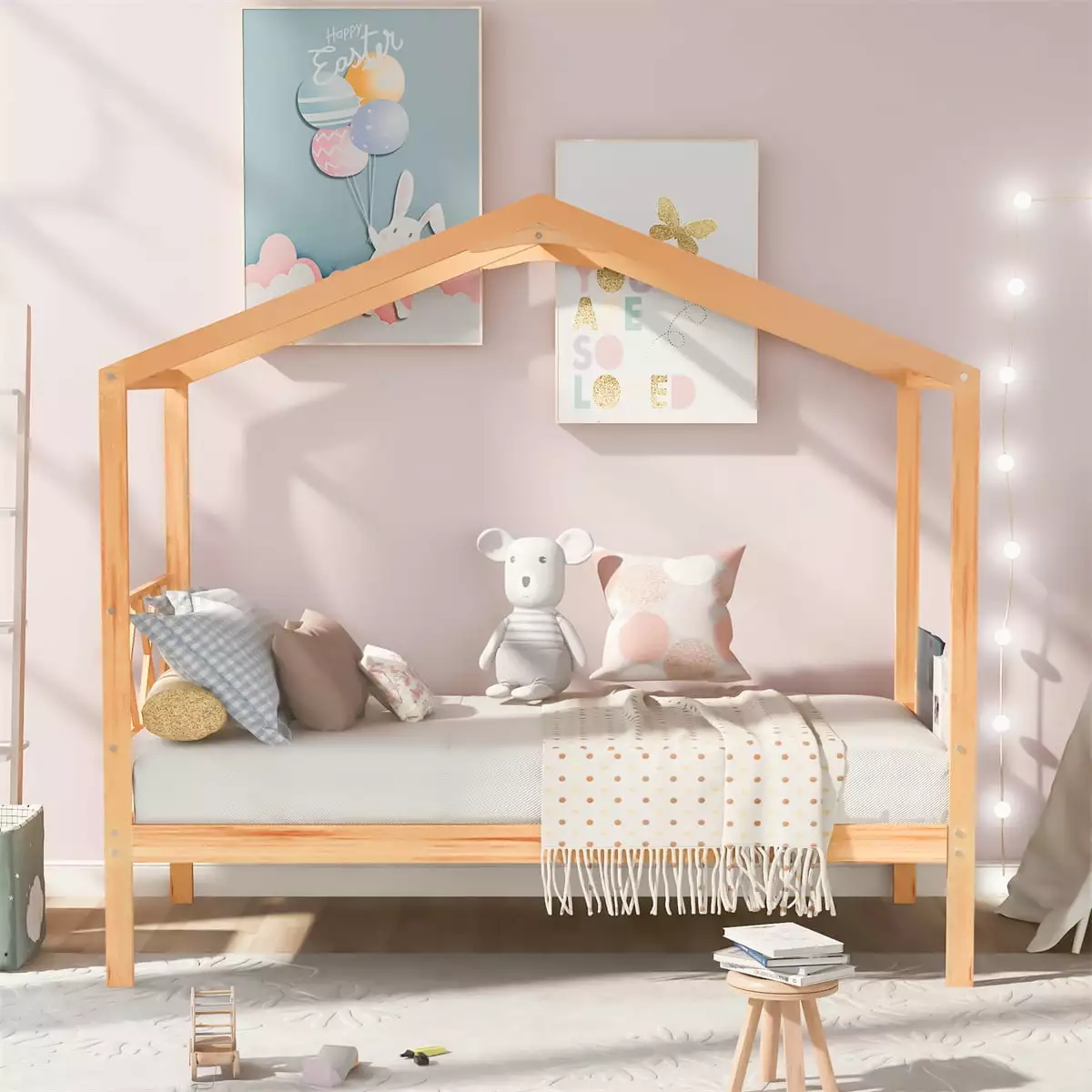 Houtilize Bed Kids Wooden Houtilize Shaped Bed Frame Roof Twin Size Natural ARCTICSCORPION