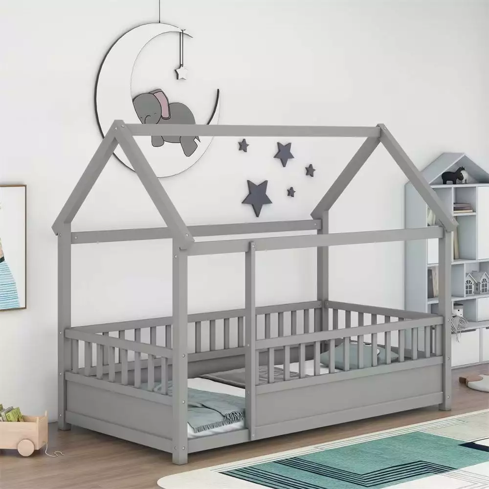 Twin Floor Bed Roof Wooden Montessori Bed Frame High Fence Guardrail Kids Boys Girls Bedroom Gray ARCTICSCORPION