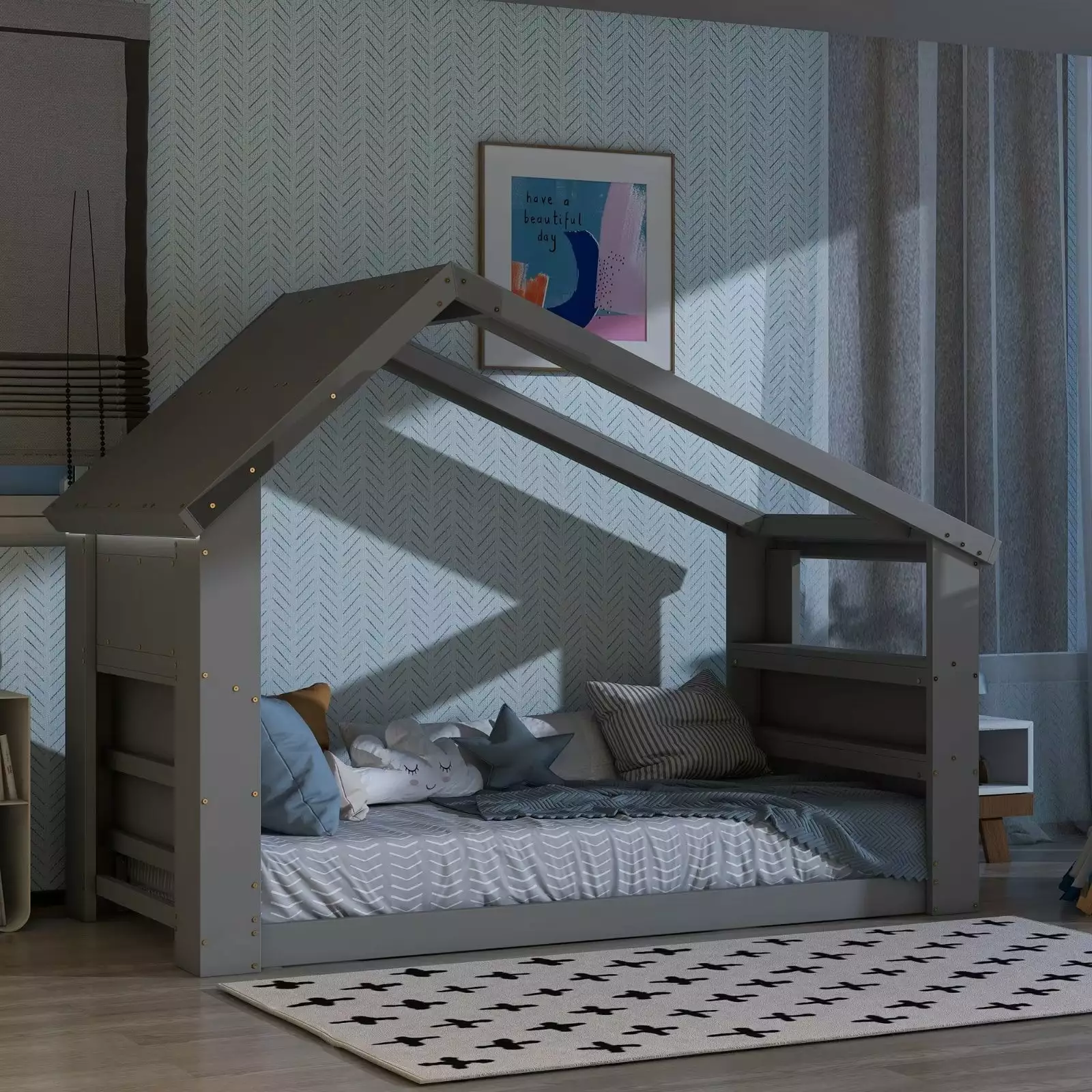 Twin Size Houtilize Bed - Gray Wooden Montessori Bed Frame LED Light Strip and Storage Shelves ARCTICSCORPION