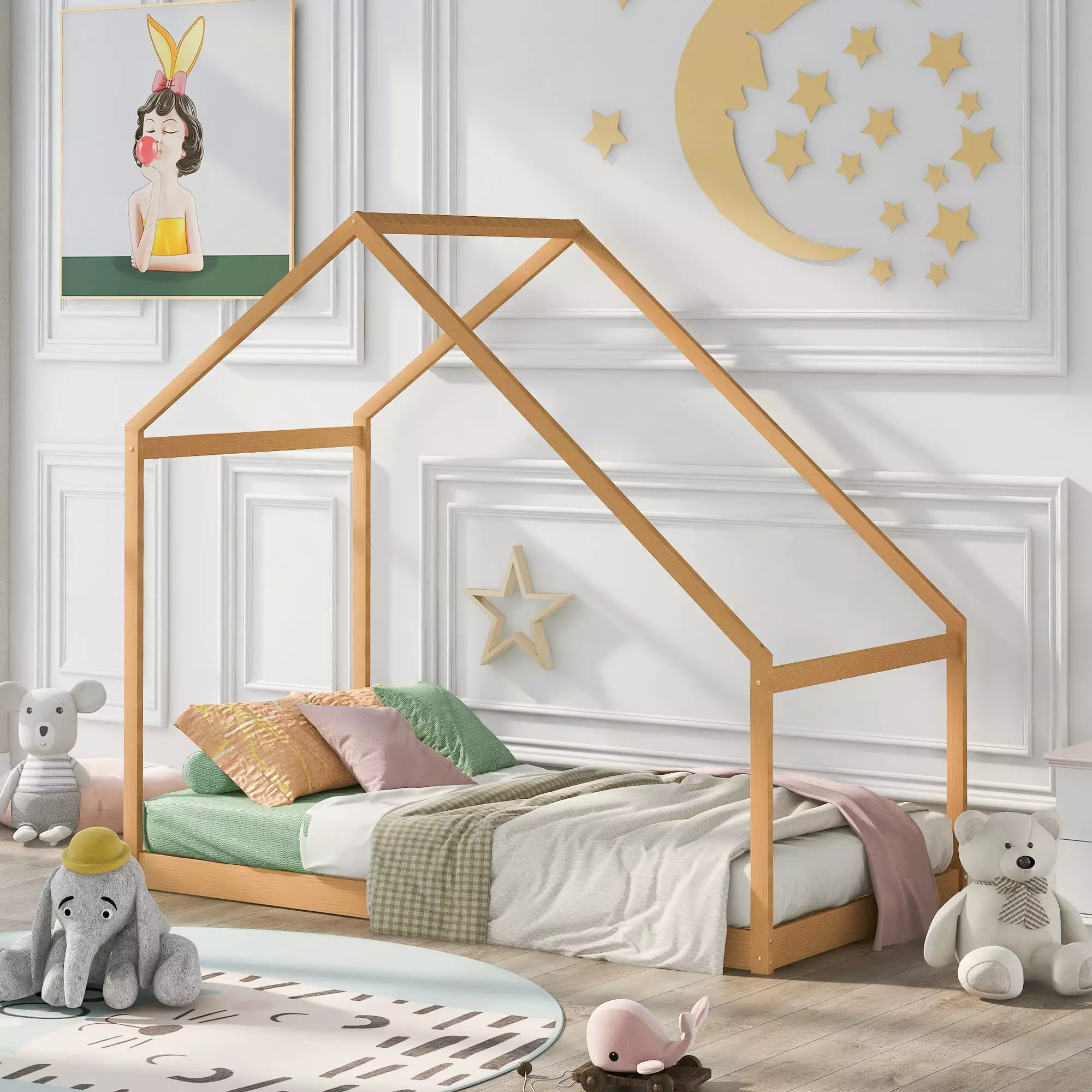 Twin Size Houtilize Wooden Montessori Bed Roof Floor Bed Kids Easy Assembly ARCTICSCORPION