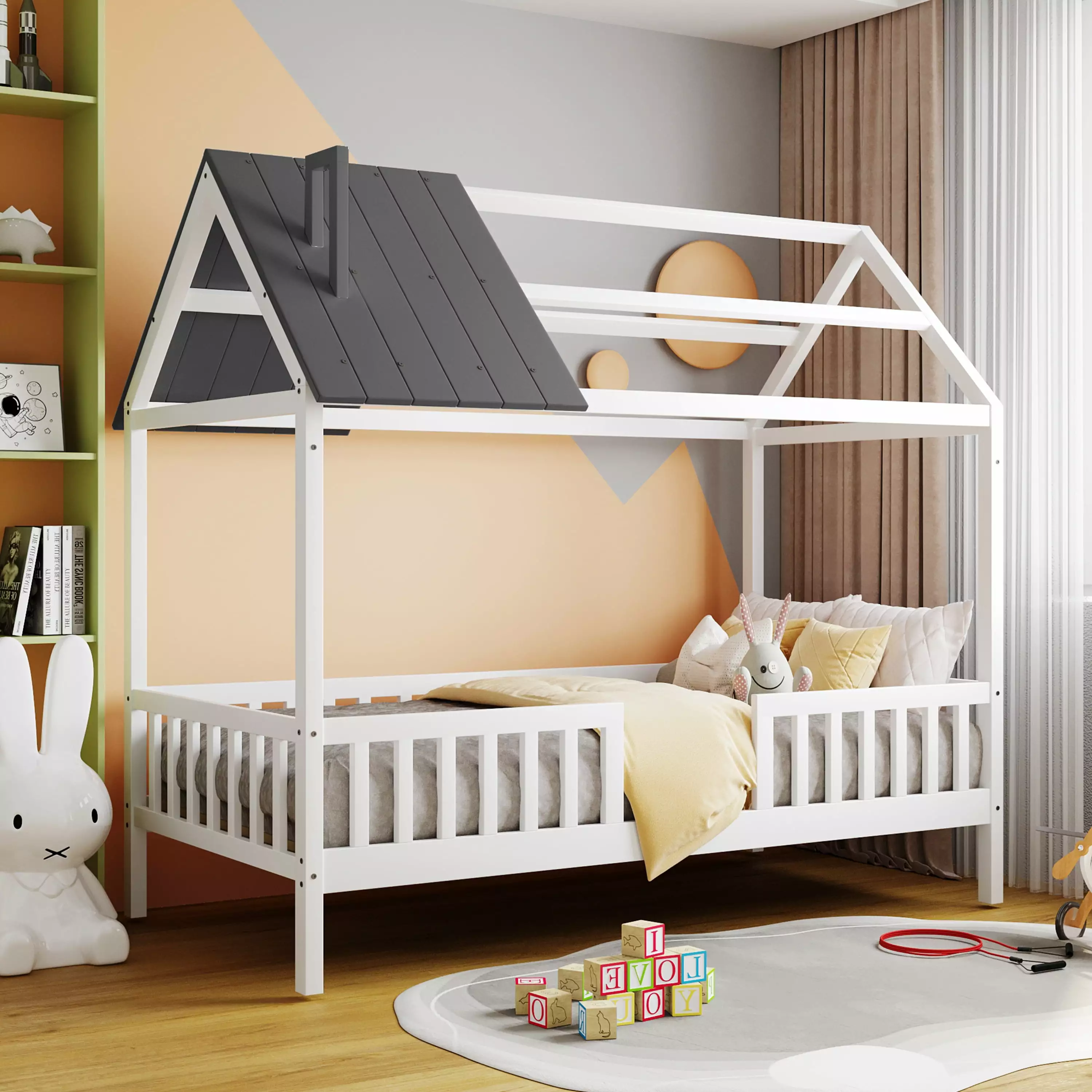 Aukfa Twin Wood Montessori Bed Fence and Roof Kids and Teens White and Gray