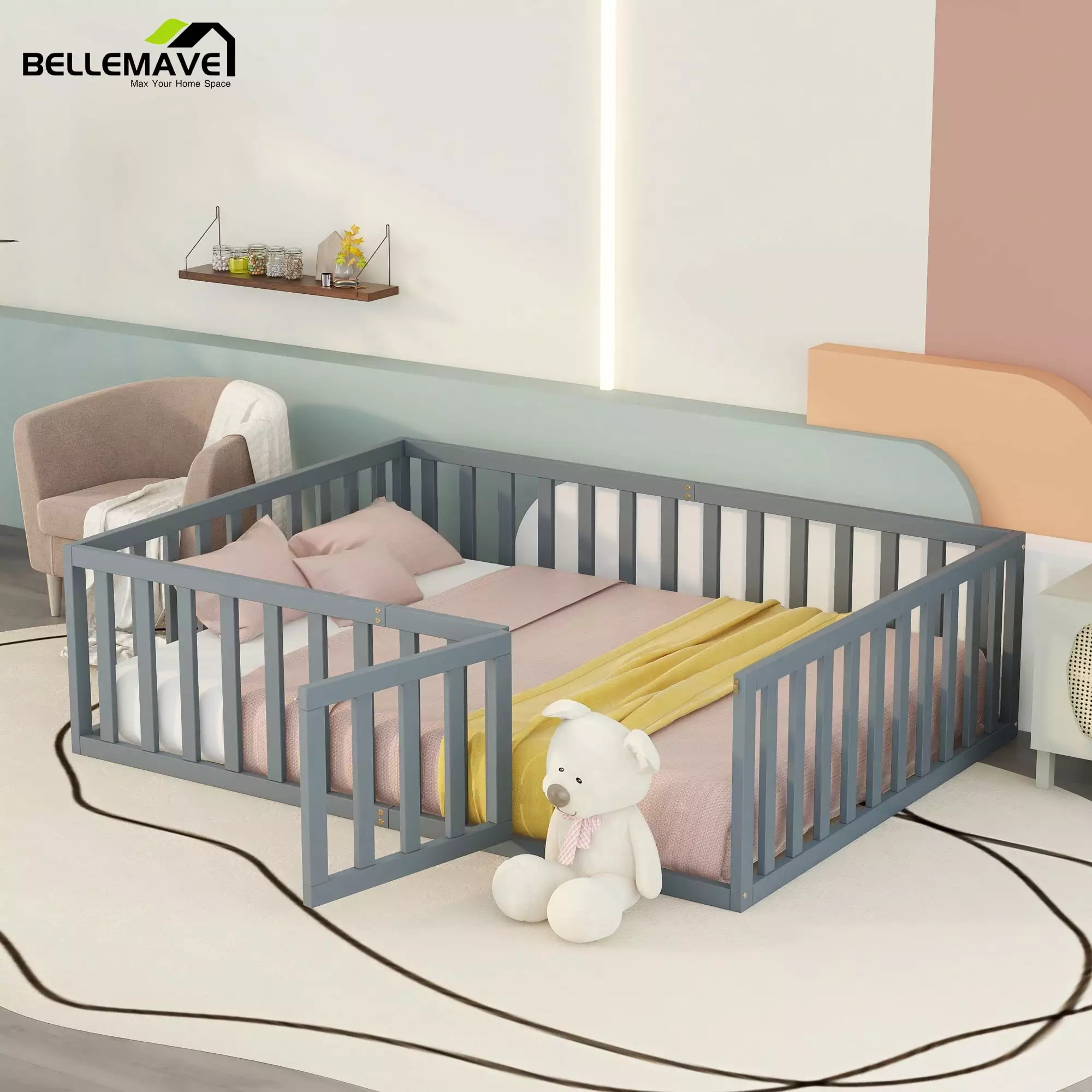 Bellemave Full Size Montessori Bed Toddler Wood Kids Floor Bed Frame Fence and Door Gray