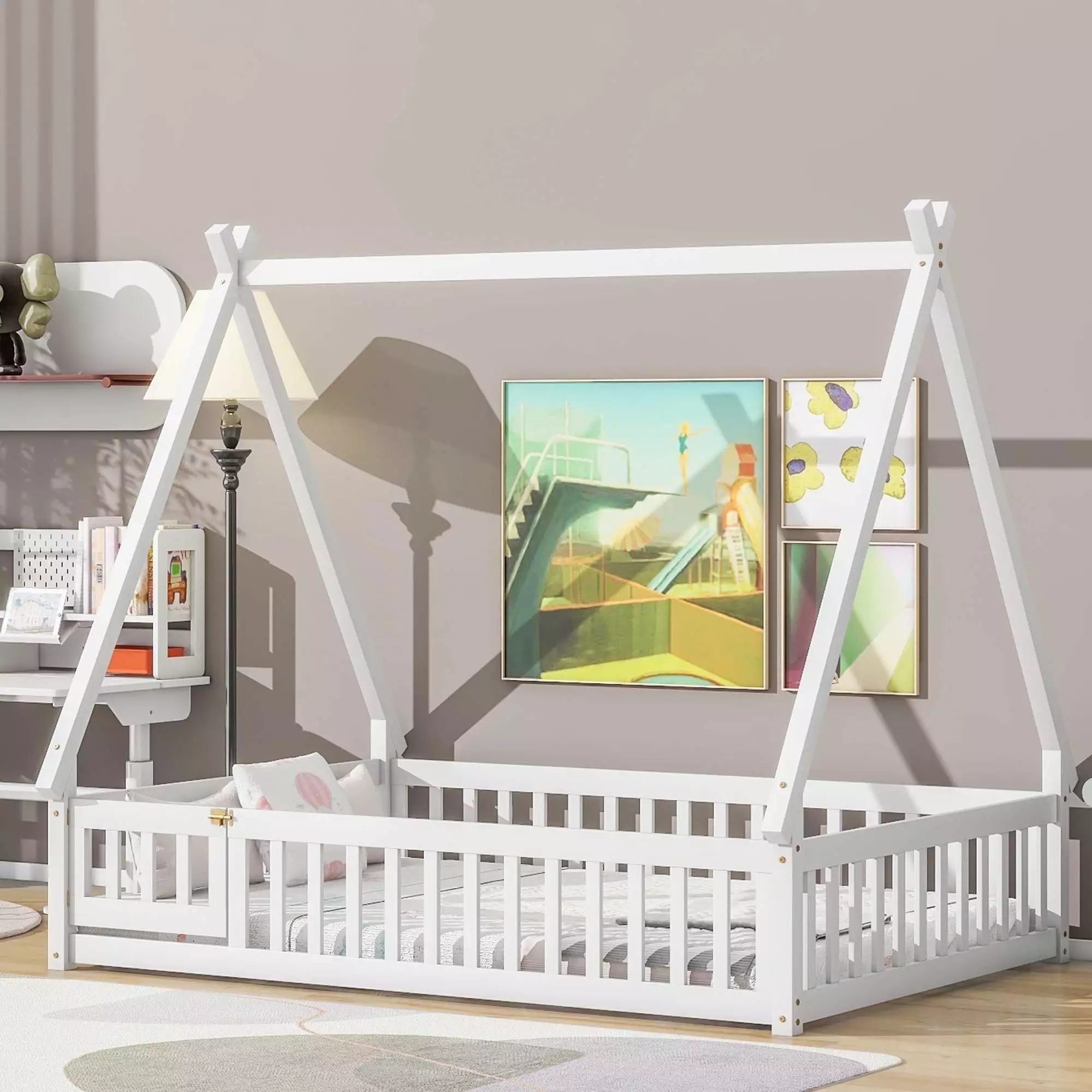 Bellemave Full Size Montessori Floor Bed Wood Kids Tent-Shaped Teepee Bed Guardrails White
