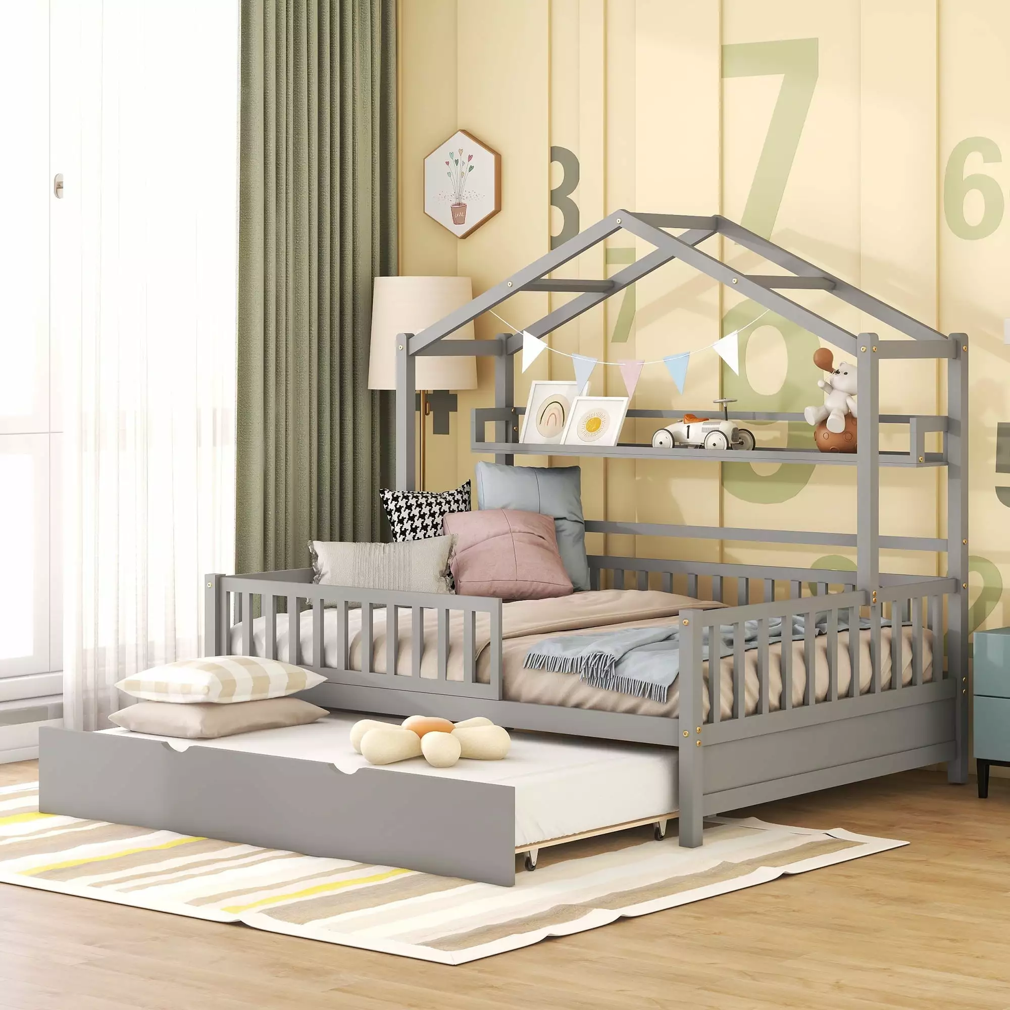 Bellemave Gray Full Size Houtilize Bed Trundle Storage Shelves Montessori Kids Bed
