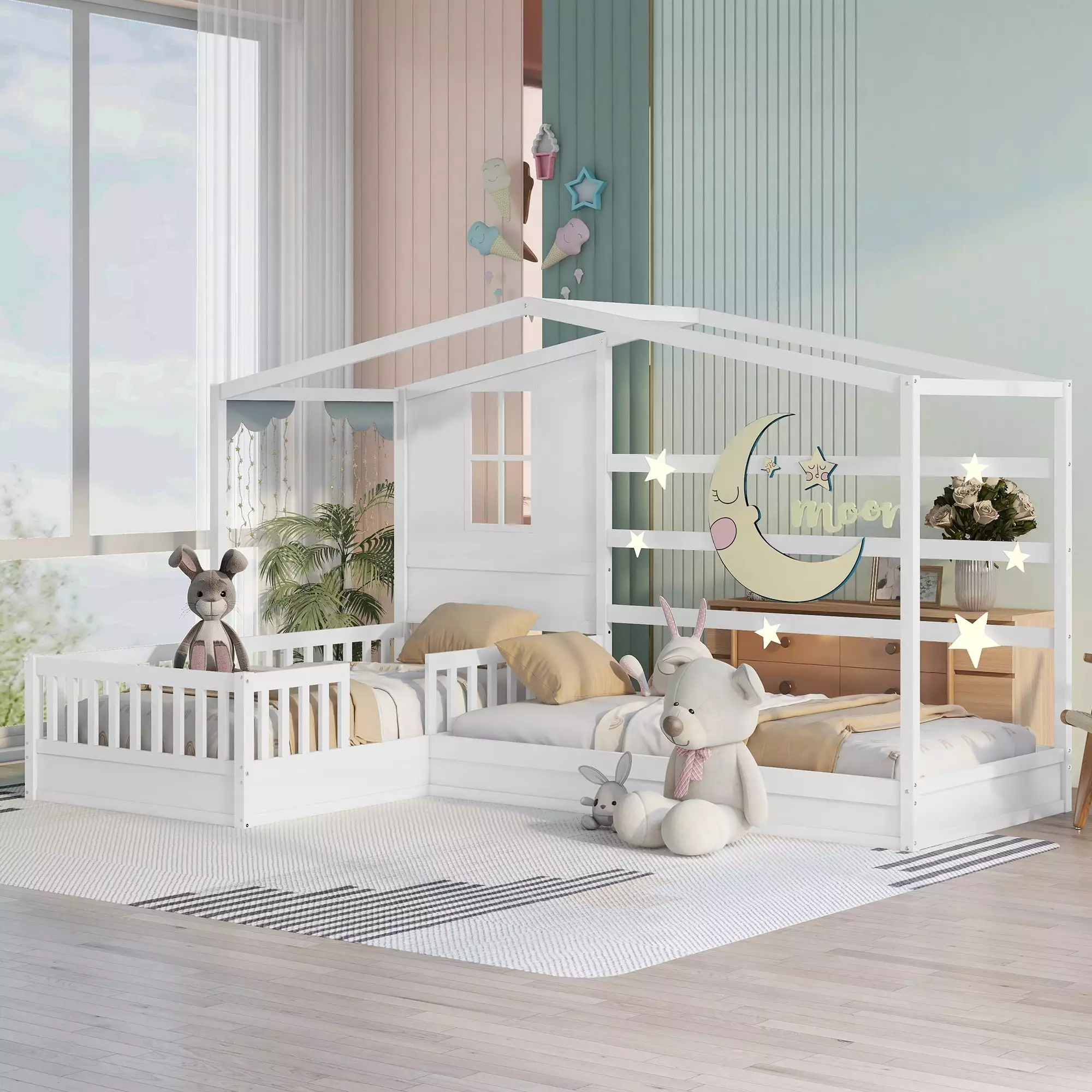 Bellemave Houtilize Beds 2 Kids Wood L-Shape Twin Bed Frame Roof and Fence Railings White