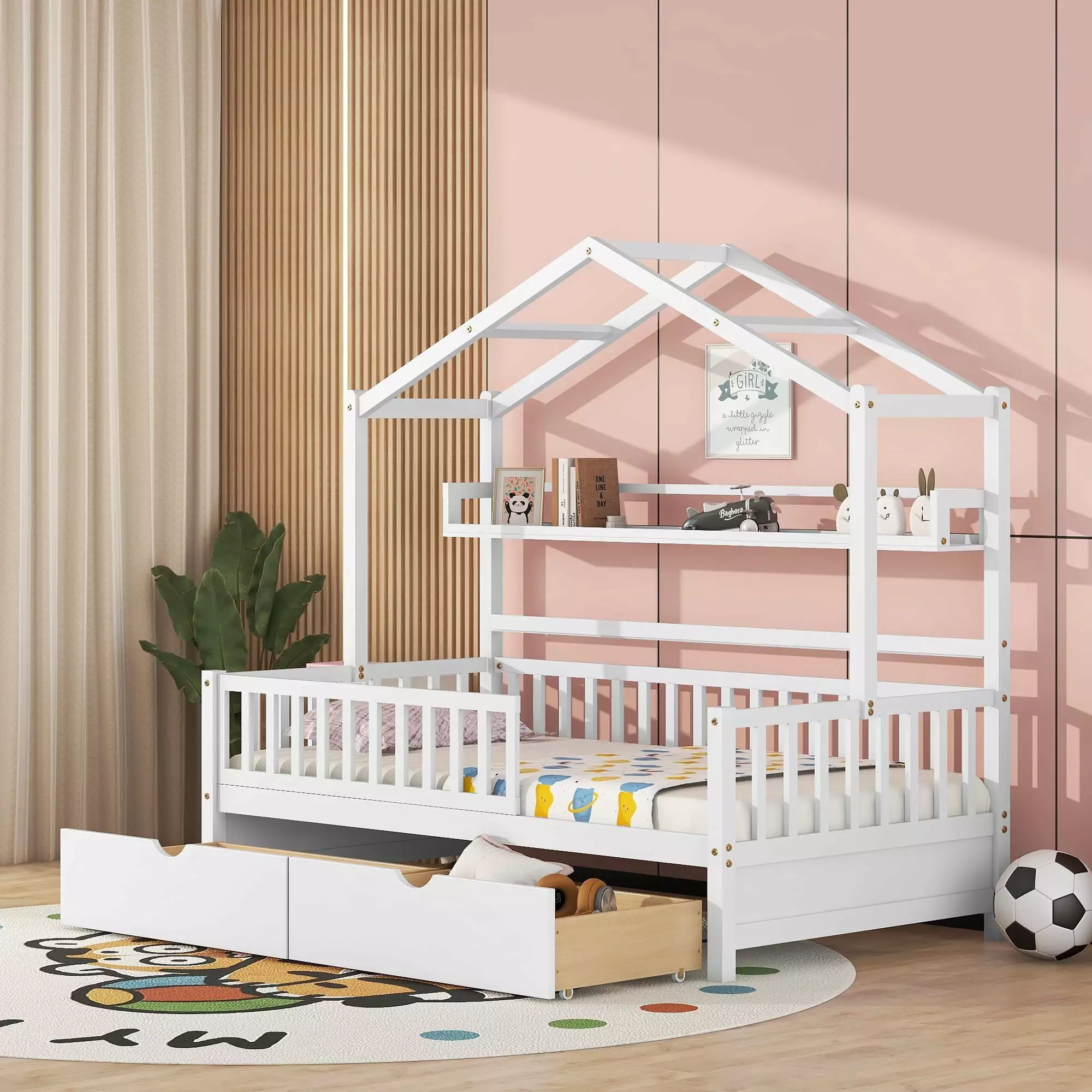 Bellemave Houtilize Twin Bed Storage Drawers and Fence Railings White