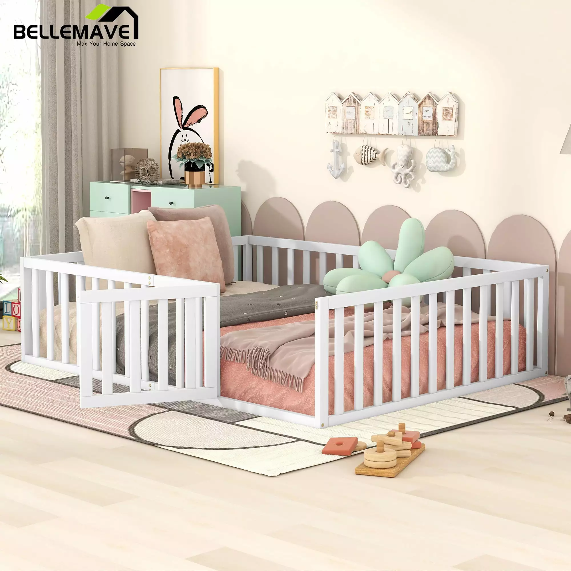 Bellemave Queen Size Kids Floor Bed Fence and Door Wood Montessori Bed Frame Toddler Floor Bed Frame Kids Girls Boys Slats...